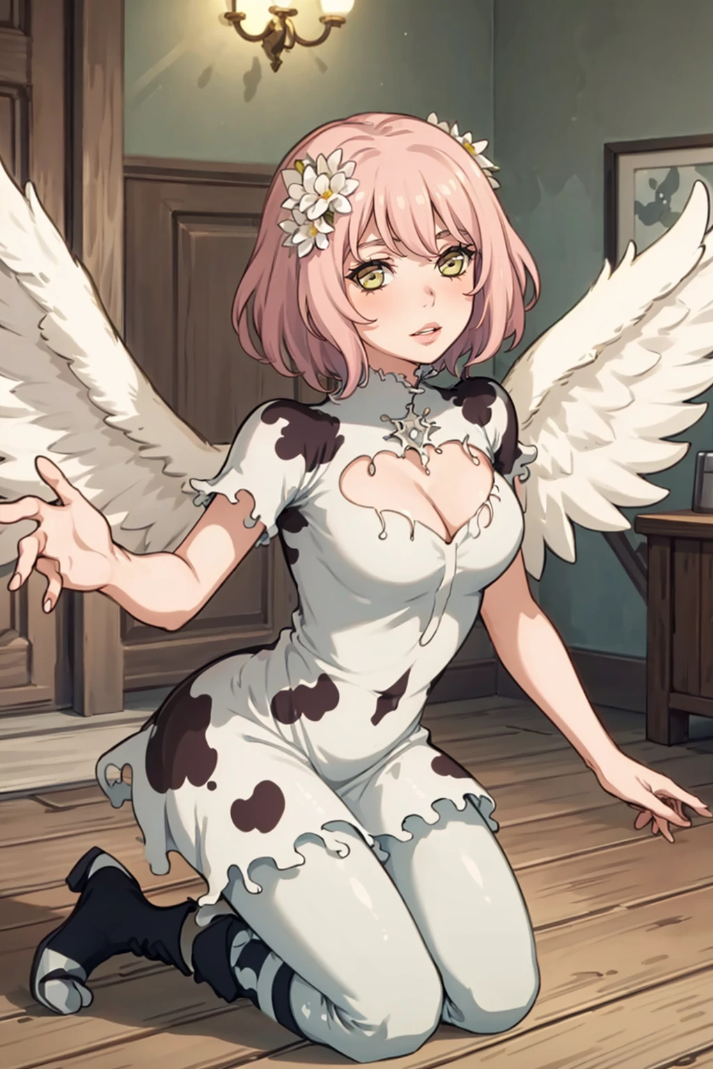 (masterpiece, best quality:1.2), 1girl, kneeling, looking at viewer, parted lips, <lora:DurgaGR:0.9> durgaGR, short hair, hair flower, white wings, cow print dress, cleavage cutout, short sleeves, white pants, striped socks, black boots, indoors