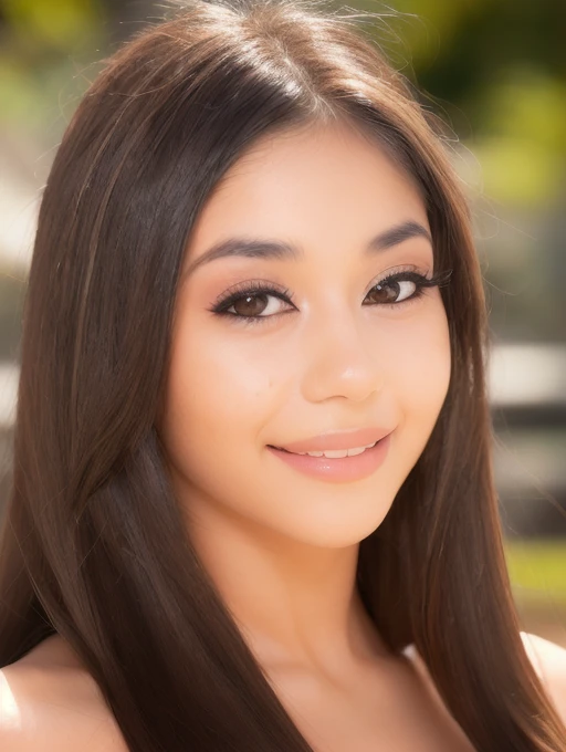 xxlayna_marie,young woman looking into camera ,1girl,solo,long hair,looking at viewer,brown hair,brown eyes,smile,realistic,depth of field <lora:xxlayna_mariev1:1>