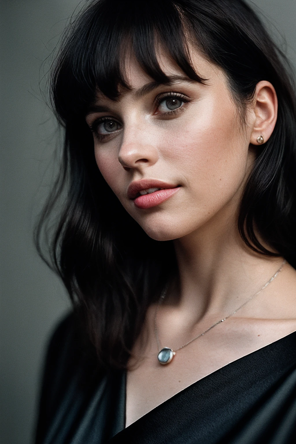 FelicityJ_SoloTI_v1,, a woman, perfect hair, posing, (vintage photo, tunic), (closeup portrait), necklace, 24mm, (tintype), (analog, cinematic, film grain:1.3), ((plaing Charcoal Gray background, gradient)), ((detailed eyes)), smiling, (epicPhoto)
