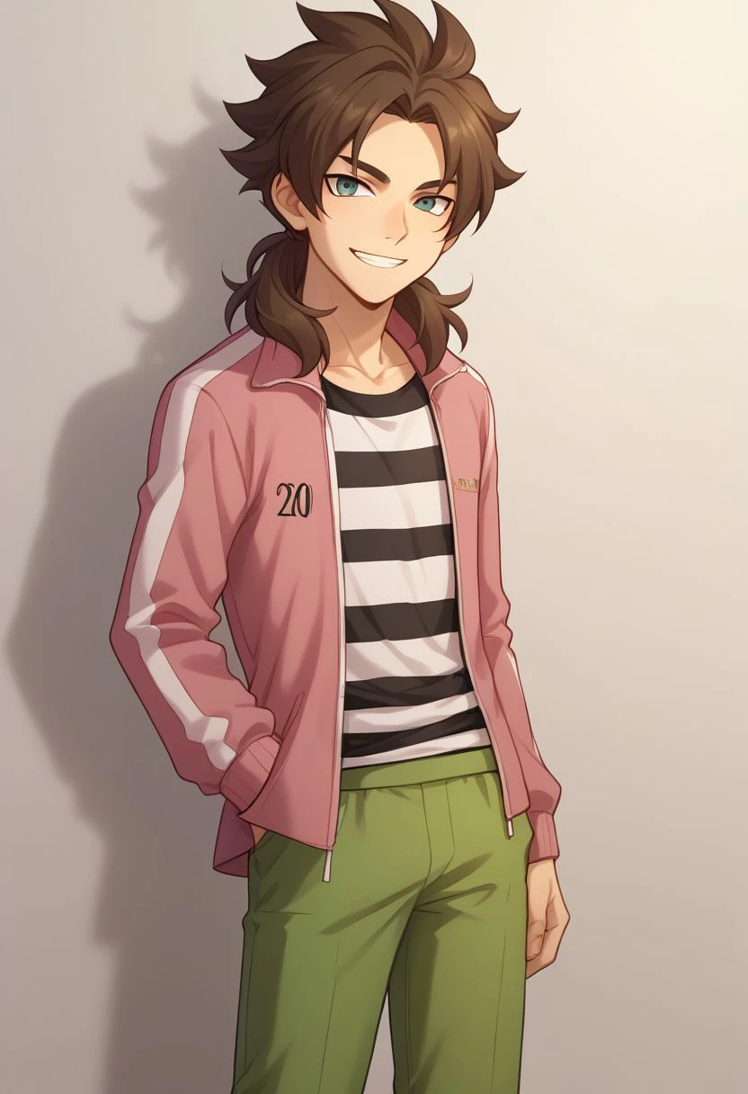 score_9, score_8_up, source_anime, highly detailed, 1boy, male_focus, solo,
skinny,
caleb, solo, 1boy, male focus, brown hair, jacket, track jacket, pink jacket, striped shirt, striped, pants, green pants, standing, open clothes, long hair, shirt, hand in pocket,
indoor, grin,