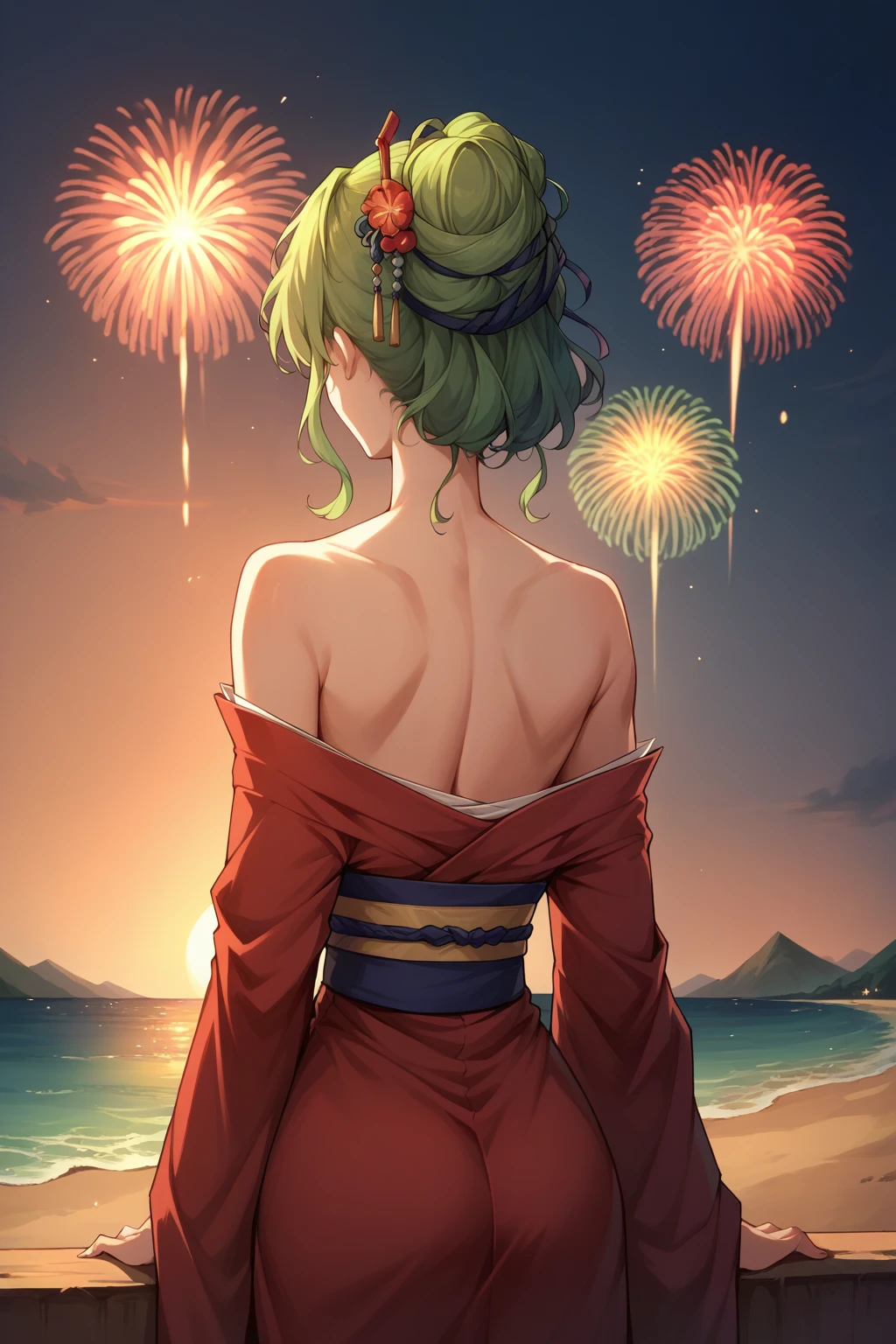 score_9, score_8_up, score_7_up, 1girl, solo, <lora:NSLArachelFE8:1>  NSLArachelFE8, green hair, hair ornament, red kimono, fireworks, evening, sunset, bare shoulders, beach, from behind