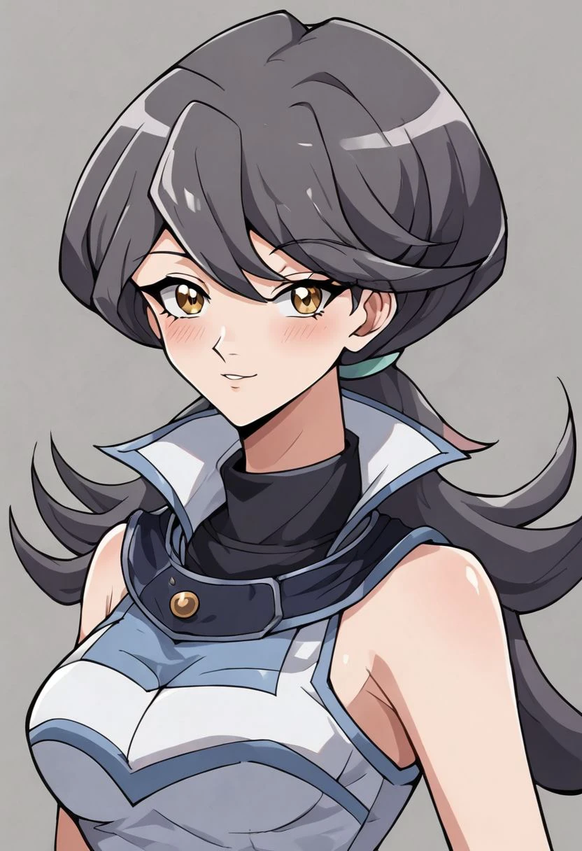 1girl, anime artwork, 2d art, (lora:Momoe:1.5), grey background, (upper body:1.5), (3/4 view:1.2), dark grey hair color, (seductive pose:1.5), nsfw,