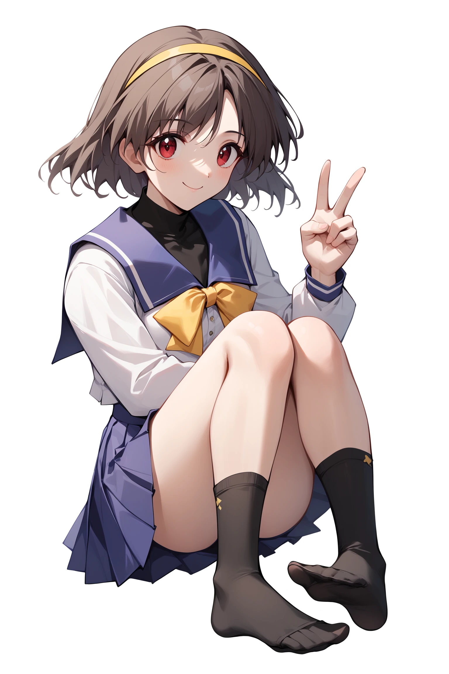score_9,score_8_up,score_7_up,score_6_up,score_5_up,score_4_up,score_9,
imasaka yue \(memories off\),sumisora uniform,yellow hairband,black bodysuit,blue pleated skirt,yellow bow,black socks,sole,feet,
1girl,solo,white background,full body,looking at viewer,smile,looking at viewer,red eyes,v,
<lora:ImasakaYuePony:1>,
