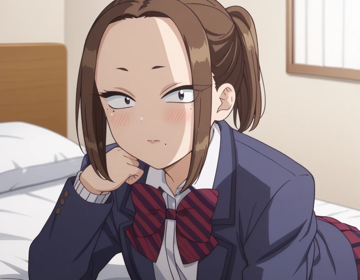 score_9, score_8_up, score_7_up, source_anime,
neneonemine, <lora:nene-onemine-s1s2-ponyxl-lora-nochekaiser:1>,
nene onemine, brown hair, ponytail, mole, mole under eye, mole under mouth, short hair,
skirt, shirt, long sleeves, bow, school uniform, jacket, white shirt, pantyhose, pleated skirt, striped, collared shirt, bowtie, red skirt, blazer, blue jacket, striped bow, striped bowtie,
indoors, bed, bed room, on side, blush, drunk,
looking at viewer, cowboy shot, dutch angle, solo,