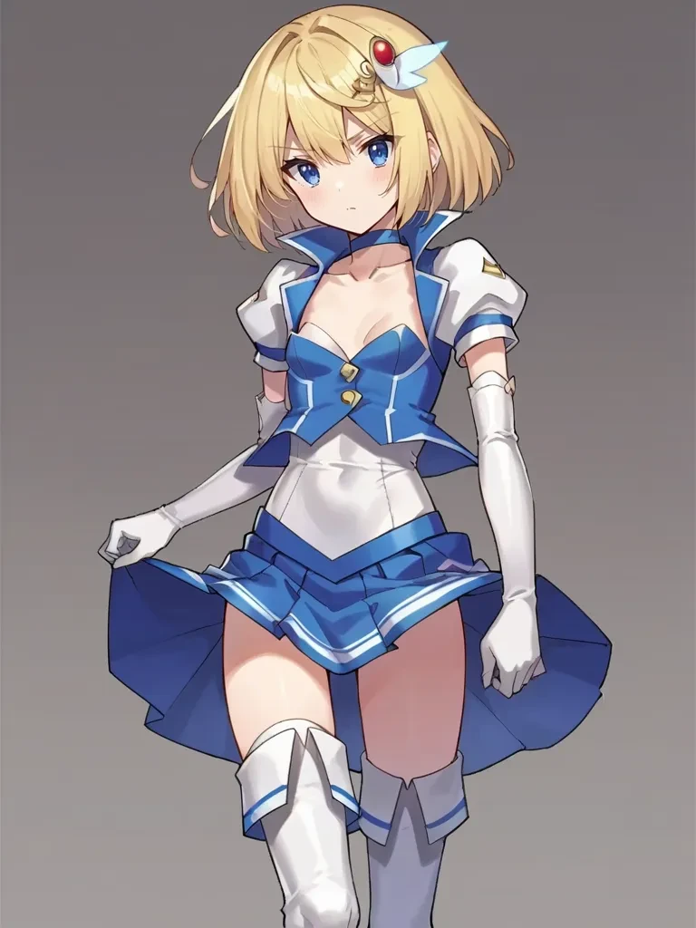 score_9, score_8_up, score_7_up, source_anime, <lora:mahoushoujoprismshirleypony:1>,
1girl, solo, saoriprismshirley, small breasts, blonde hair, short hair, hair ornament, blue eyes, magical girl, choker, blue vest, white shirt, white short sleeves, elbow gloves, collarbone, blue skirt, white thigh boots, standing, serious