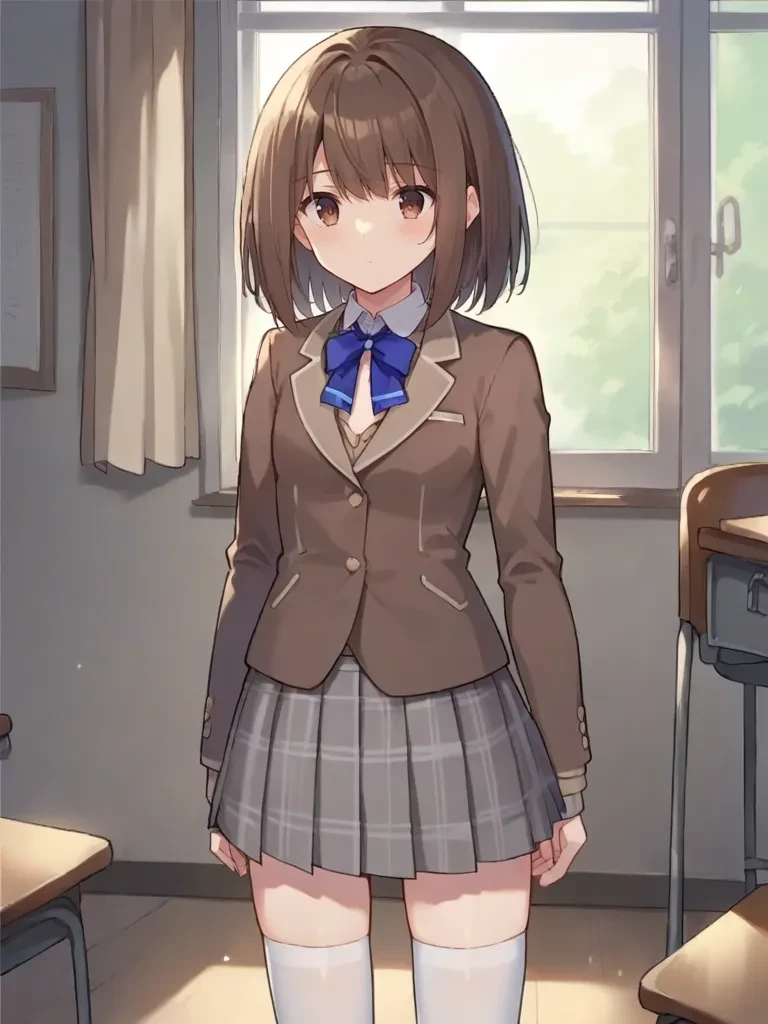 score_9, score_8_up, score_7_up, source_anime, <lora:mahoushoujoprismshirleypony:1>,
1girl, solo, saoriprismshirley, brown hair, brown eyes, brown blazer, long sleeves, blue ribbon, gray plaid skirt, short skirt, thighhighs, school uniform, standing, indoors,