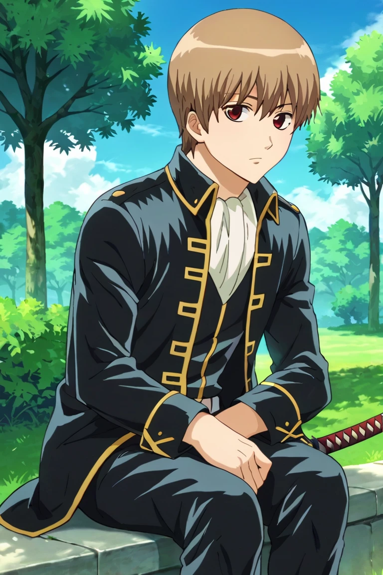 score_9,score_8_up,score_7_up,source_anime,looking at viewer, solo, 1boy, okita sougo,brown hair, red eyes, outdoors, black jacket,military uniform, katana, sitting<lora:EMS-393535-EMS:0.800000>