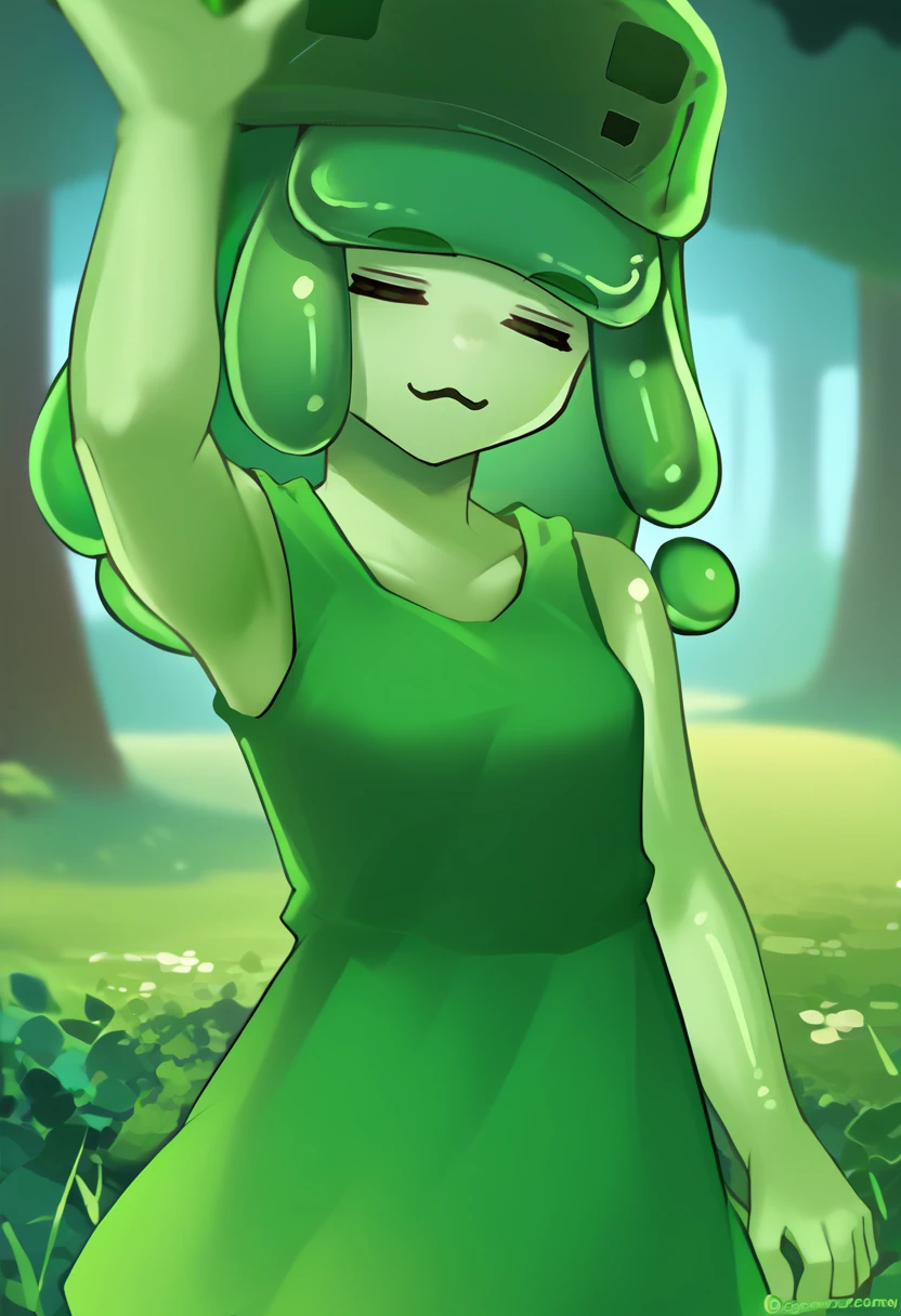 score_9, score_8_up, score_7_up, solo, 1girl, slim3, green skin, slime girl, =w=, :3, = =, eyes closed, looking at viewer, incoming headpat, arm up, green hat, green dress, sleeveless, outdoors <lora:concept_incomingheadpat_ponyXL:1> <lora:mcslime-pdxl-nvwls-v1:0.9> <lora:ChamElfExpressionPonyXL:1>