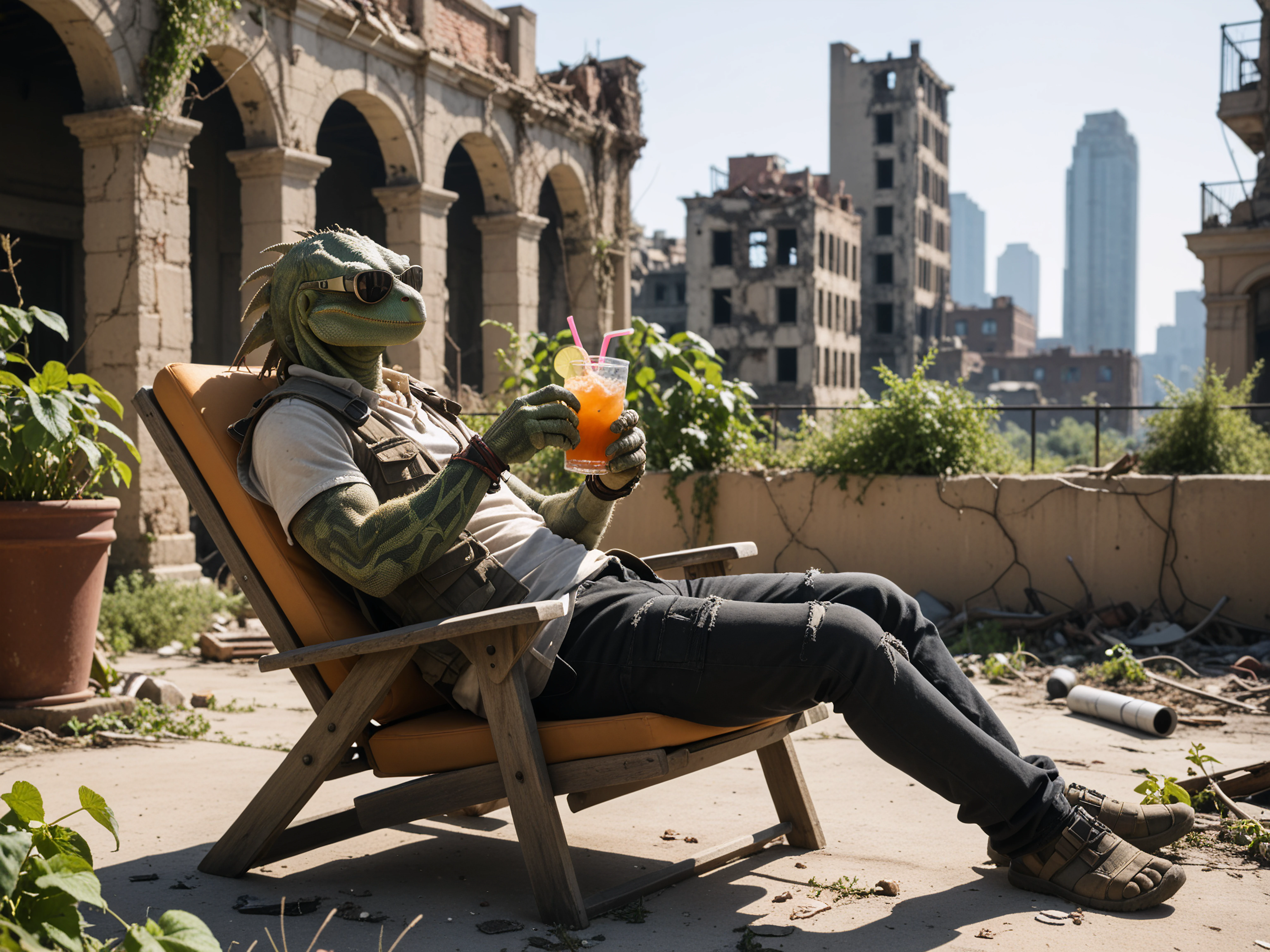 score_9, score_8_up, score_7_up
a ((ruined city)), vines on buildings, post apocalyptic setting, a lizard is drinking a cocktail while leaning on a sun chair, holding cocktail, wearing sunglasses, leaning back, overgrown vegetation, sunny day, cinematic lighting, ((distant city ruins in the background))