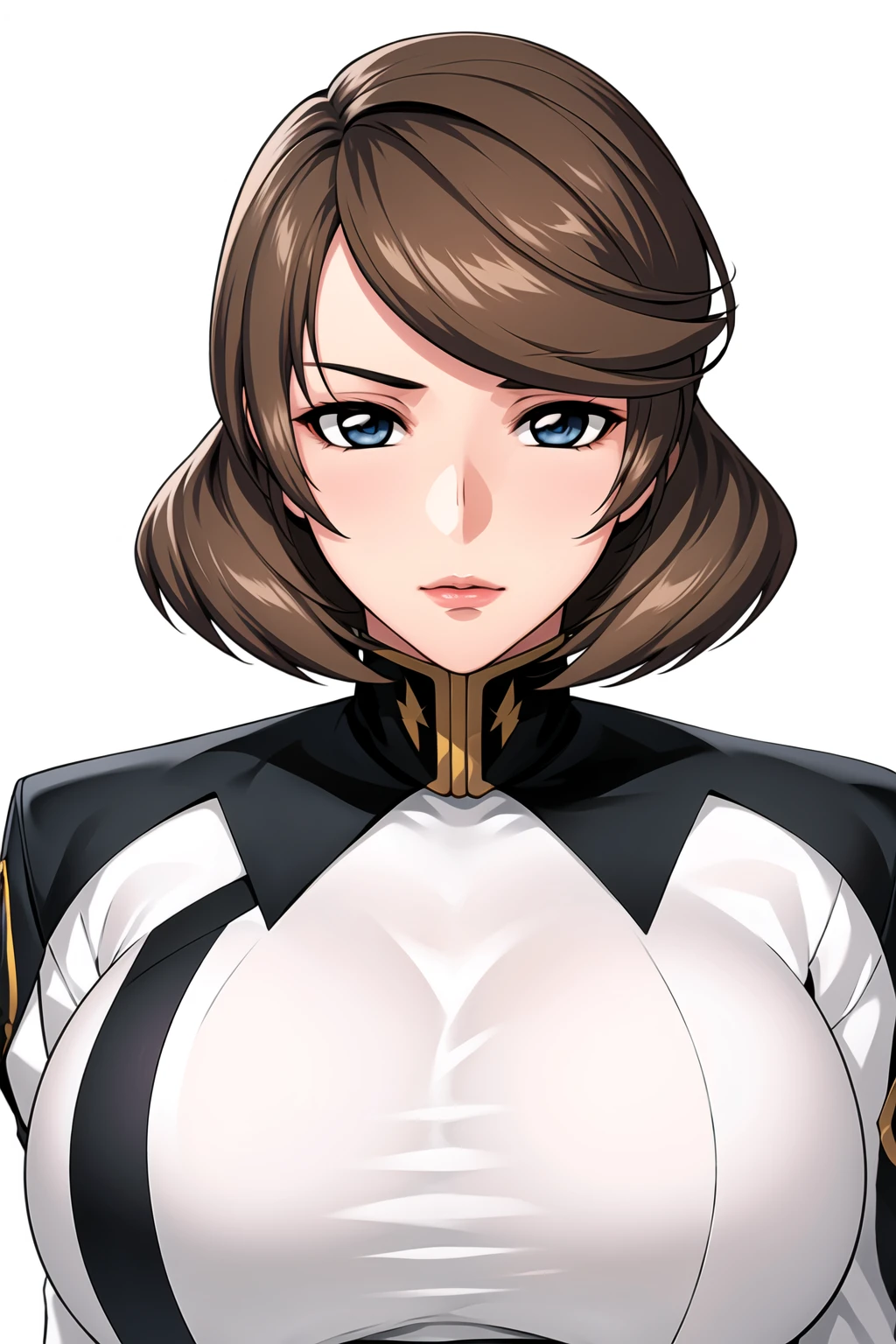 Simple Background,White Background,
dynamic pose,standing at attention,
military, military uniform,long sleeves,black and white uniform with a black collar and white shirt,
<lora:Talia_Gladys_Destiny-KK77-V1:0.7>,
blue eyes, brown hair,bangs,short hair,
<lora:more_details:0.1>,<lora:Oda_Non_Style-KK77-V2:0.3>,<lora:Sexy_AIart-KK77-V1:0.3>,
1 girl, 20yo,Young female,Beautiful long legs,Beautiful body,
Beautiful Nose,Beautiful character design, perfect eyes, perfect face,expressive eyes,perfect balance,
looking at viewer,(Focus on her face),closed mouth, (innocent_big_eyes:1.0),(Light_Smile:0.3),
official art,extremely detailed CG unity 8k wallpaper, perfect lighting,Colorful, Bright_Front_face_Lighting,White skin,
(masterpiece:1.0),(best_quality:1.0), ultra high res,4K,ultra-detailed,
photography, 8K, HDR, highres, absurdres:1.2, Kodak portra 400, film grain, blurry background, bokeh:1.2, lens flare, (vibrant_color:1.2),professional photograph,
(Beautiful,large_Breasts:1.4), (beautiful_face:1.5),(narrow_waist),