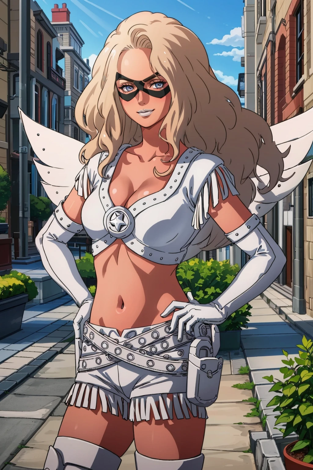 masterpiece, 1girl, cowboy shot, looking at viewer, hand on own hip, smile, <lora:KaliGR:0.9> kaliGR, long hair, colored skin, domino mask, white lipstick, white crop top, fringe trim, elbow gloves, cleavage, fake wings, belt, holster, short shorts, white thigh boots, outdoors, cityscape, sky