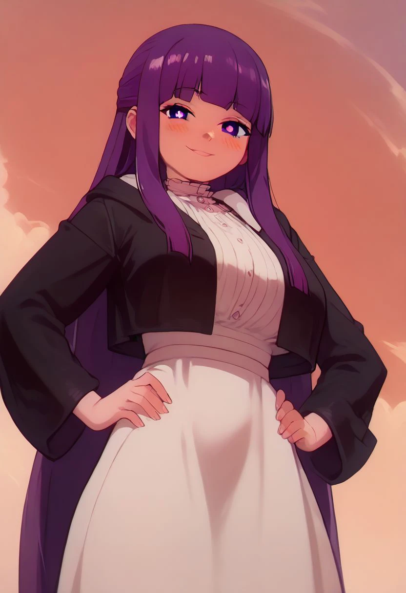 score_9, score_8_up, score_7_up, pinup girl pose, Expressiveh, aesthetic, dramatic angle, unique perspective, unique angle,  
big breasts, 
patFern, long hair, bangs, purple eyes, purple hair, sidelocks, blunt bangs, bright pupils, half updo, long sleeves, dress, white dress, long dress, robe, black robe,
 hands on hips, looking at viewer, cowboy shot, dutch angle, solo,
extremely smug, smile,  
blush, horny,