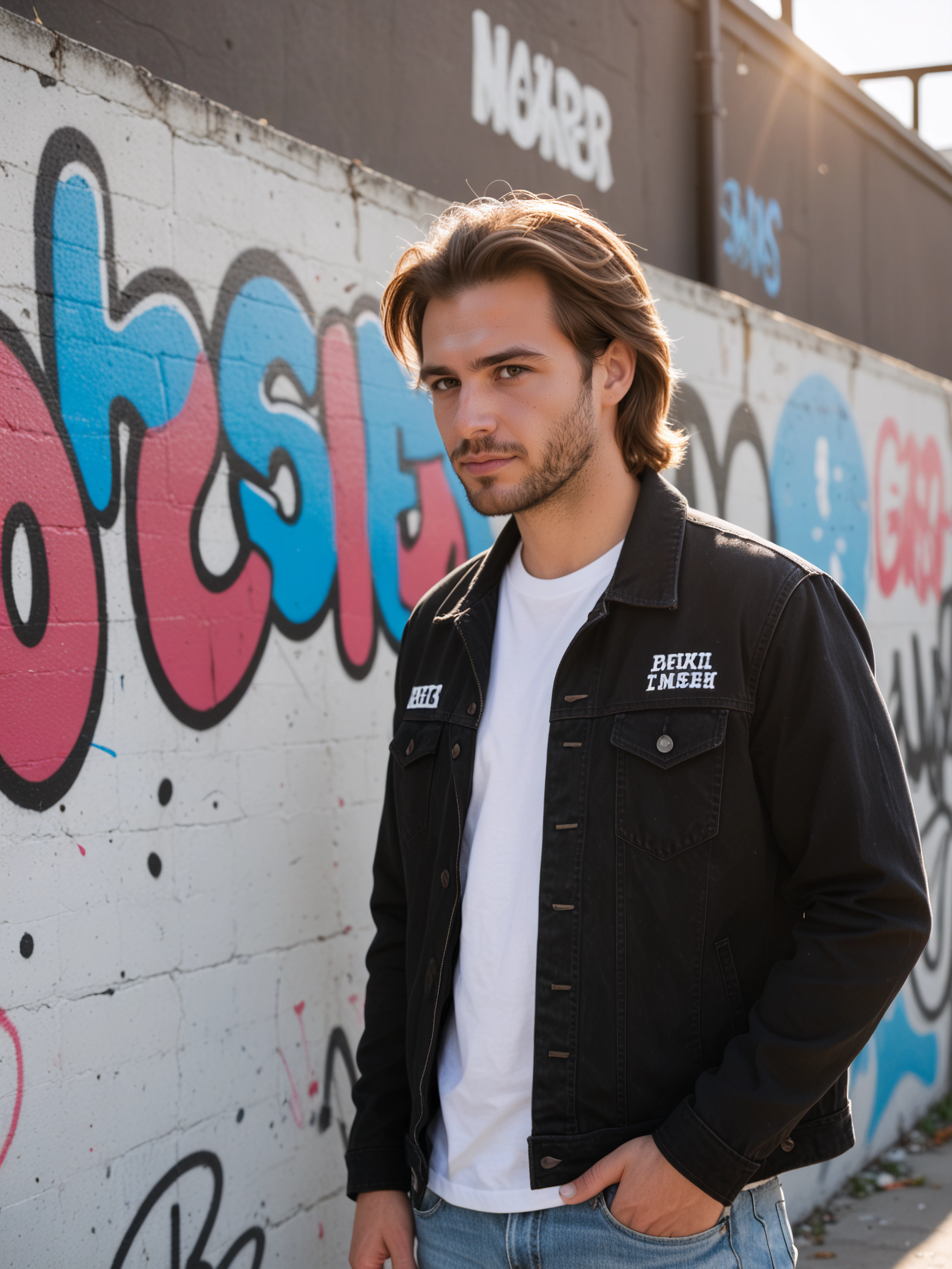 score_9, score_8_up, score_7_up
solo, 1man, brown hair, facial hair, cowboy shot, black jacket, white tshirt, denim jeans, leaning on a wall full of graffiti, dappled sunlight, tired, looking at viewer