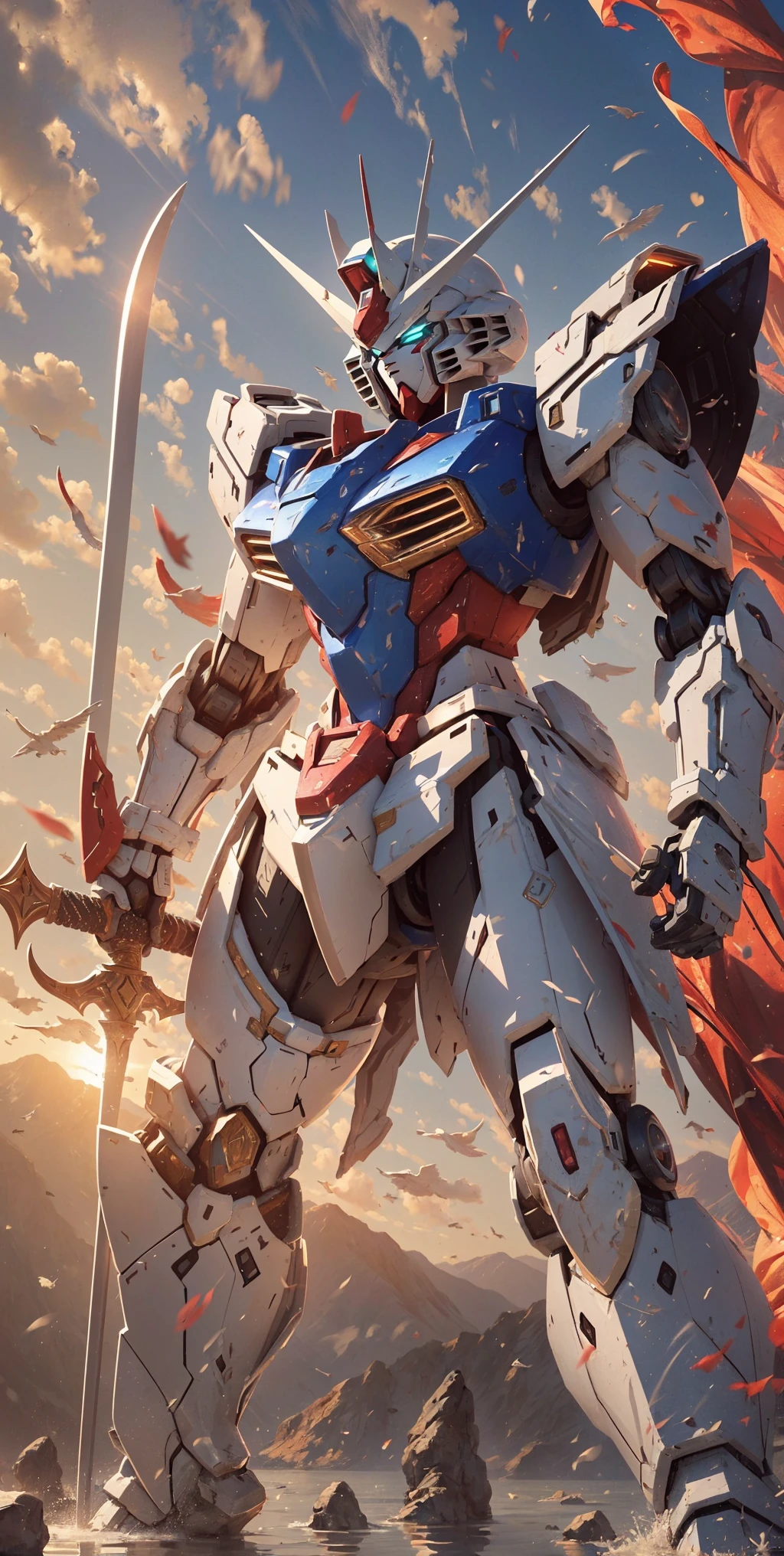 ,So_GunDam,looking ahead,robot,titanium armor,glowing eyes,full body,outdoors,
weapon,holding weapon,holding,weapon,take the sword,big sword,open hand,clenched hand,war,fighting,zoom layer,sky,Reflected light from a water surface for a rippling effect (Reflected Water Light)., edge quality, perspective silhouette, 8k, best quality, masterpiece, extremely detailed, rule of thirds, photorealistic, superb, HDR, high resolution, sharp focus, photorealistic rendering, extremely detailed description, professional, gorgeous and intricate detail, award<lora:So_GunDam:0.7>