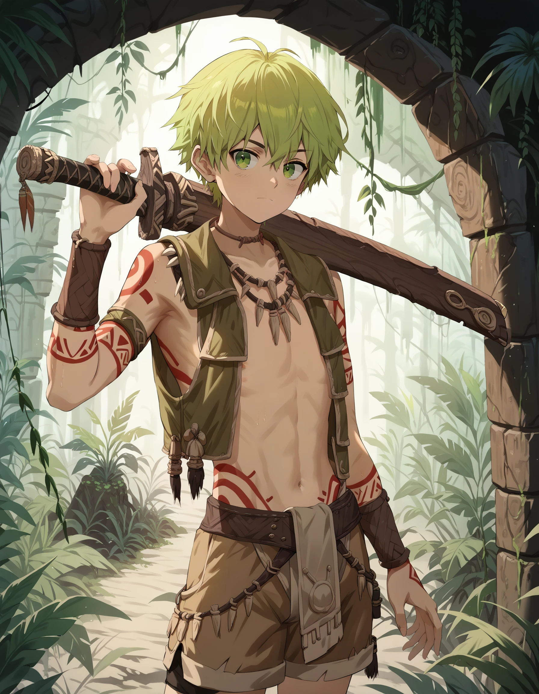 score_9, score_8_up, score_7_up, score_6_up, source_anime, outdoors, jungle, ancient ruins, overgrown, 1boy, solo, green hair, green eyes, tribal tattoos, leather vest, brown shorts, holding wood sword <lora:luye-yuan_PDXL_v2-ShoAI:0.95> <lora:sword_over_shoulder:0.7>
