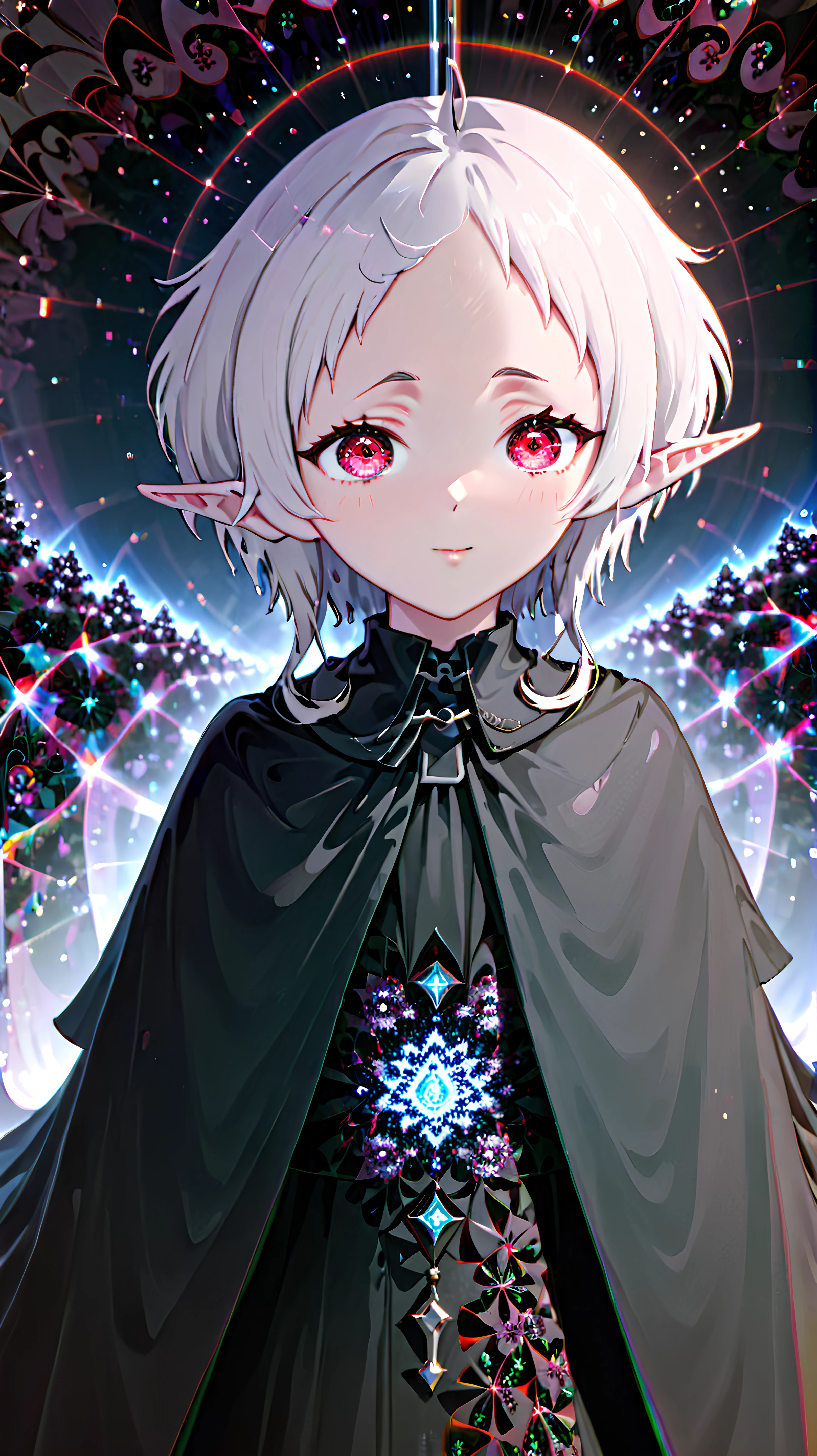 1girl, solo, <lora:Anime Enhancer XL V2:1> <lora:Sylphie:1> Sylphie, Sylphie is an elf, Sylphie has red eyes, <lora:GlitchGirlModel1Final:.7> GlitchBreakGirl, Sylphie has white hair,
Sylphie wearing a black hooded cloak,
closeup zoom,(macro:1.3) photo,(mandelbulb fractal:1.8) sparkling magical fantasy opalescent peonia,condensation,effervescent,detailed,intricate,key light,backlight,fill light,three-point lighting, moonbow,<lora:mandelbulb0XL:0.8>