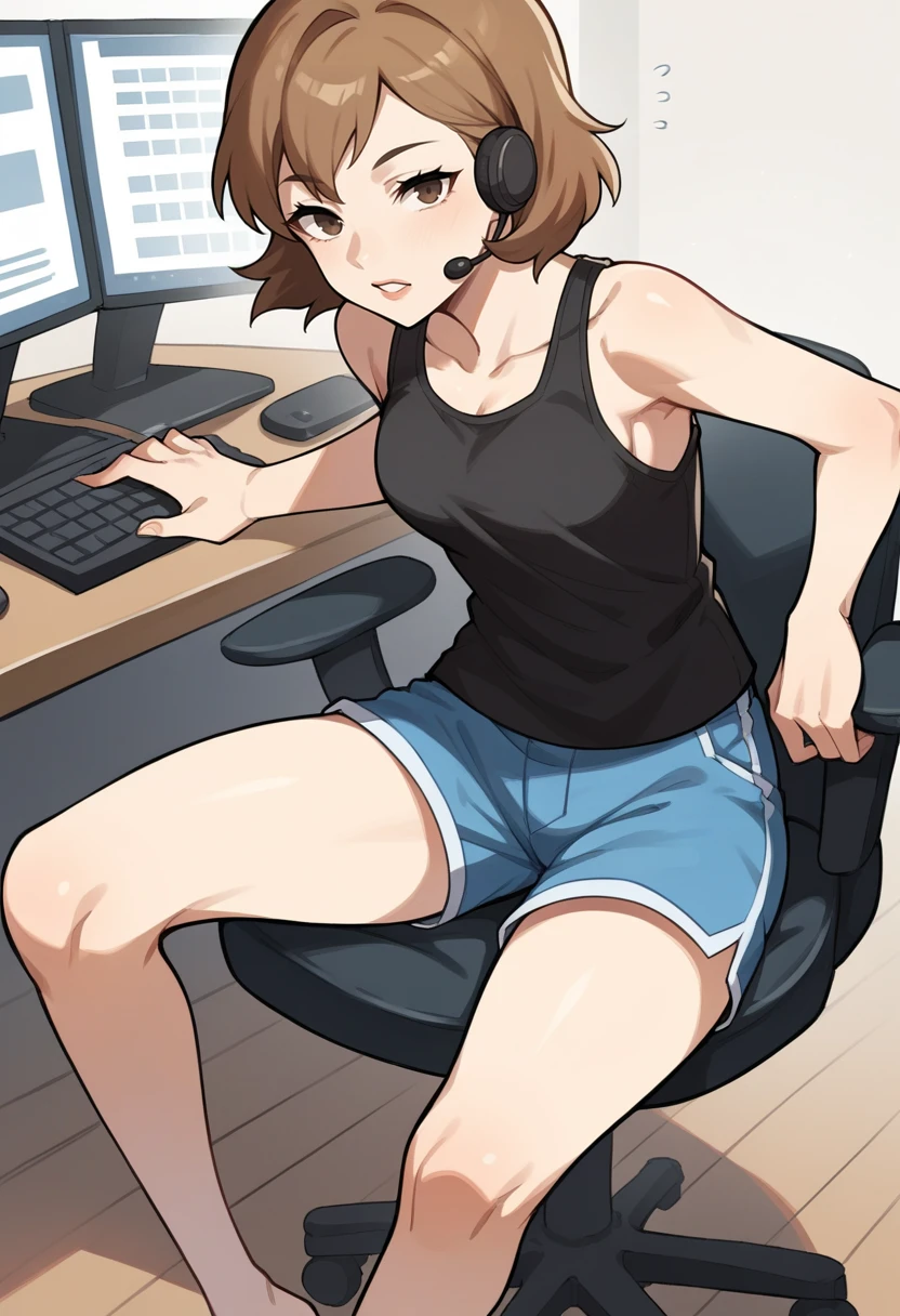 score_9, score_8_up, score_7_up, source_anime BREAK 1girl, solo,
<lora:zs_ToriumiXL:1> toriumip3, short hair, brown hair, brown eyes, black tank top, blue shorts
desk, computer, sitting on chair,  headset