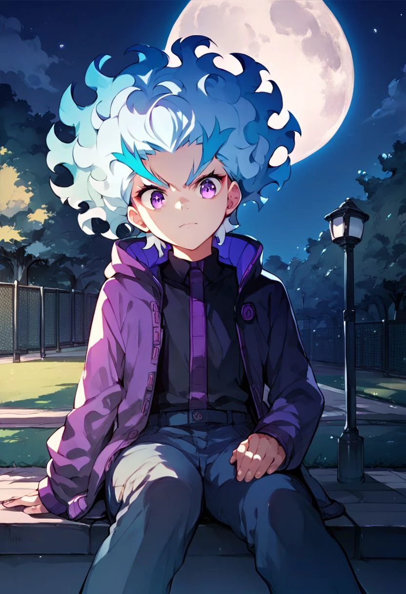 score_9_up, score_8_up, score_7_up, anime style, anime style, (middle shot),  flame-shaped hair, fire-shaped hair, pale-skinned, light-blue and white hair, violet eyes, ringed eyes, sitting, park background, night, moon, moonlight on the body,