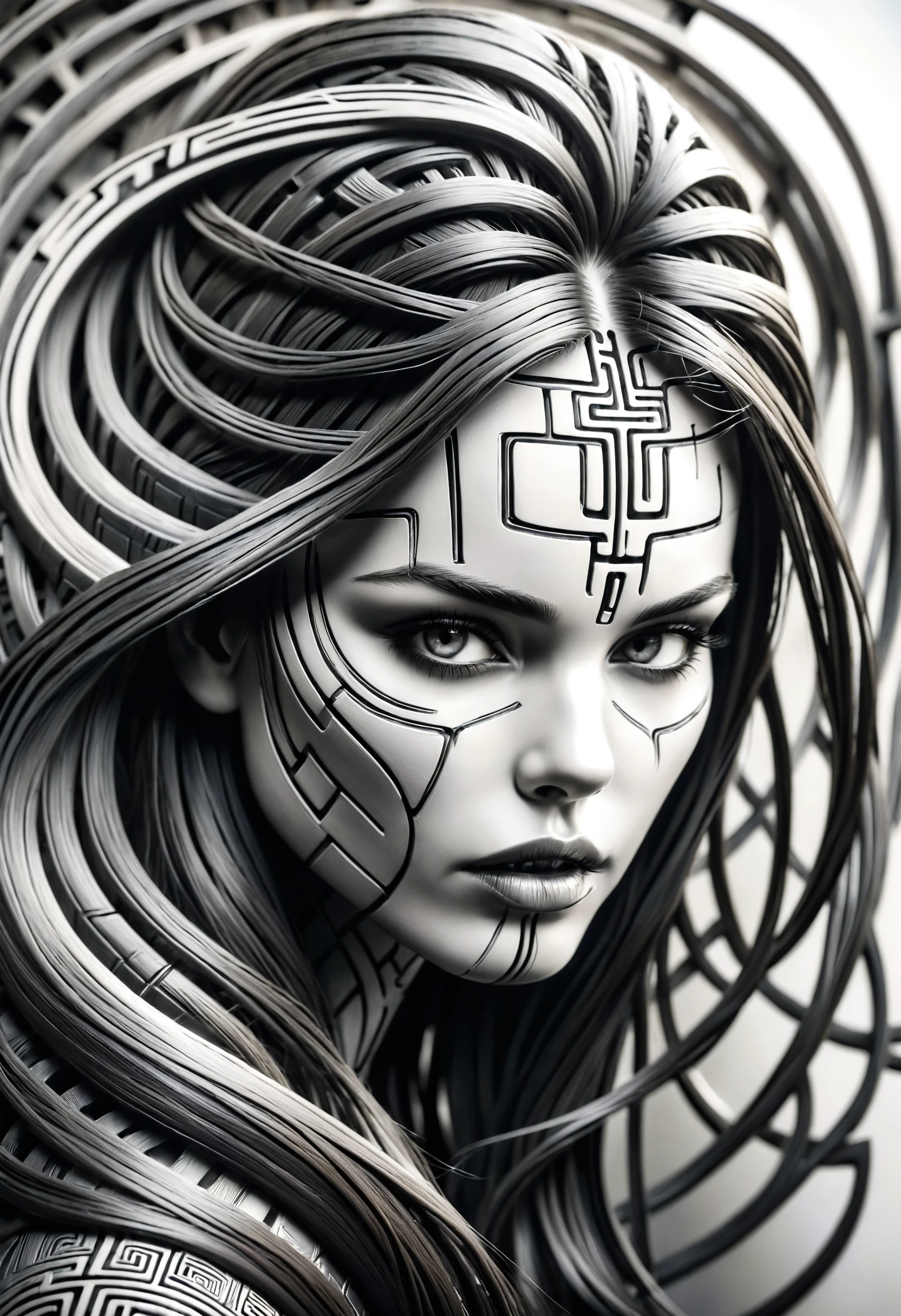 b&w portrait of a maze embedded woman with long hair, high contrast, charcoal influences
<lora:dvr-rbbr:0.8> dvr-rbbr