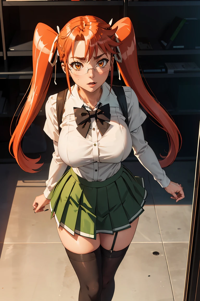 masterpiece, best quality,
Ray tracing, hdr, volumetric lighting,
1girl,
 <lora:SayaTakagi_HighschoolOfTheDead_FefaAIart:0.8>
takagi saya, twintails,  orange eyes, hair ribbon, glasses,
school uniform, green skirt, pleated skirt, serafuku, black thighhighs, black bowtie,
<lora:Gigantic_Breasts_FefaAIart:0.6>, gigantic breasts, huge breasts, big breasts,