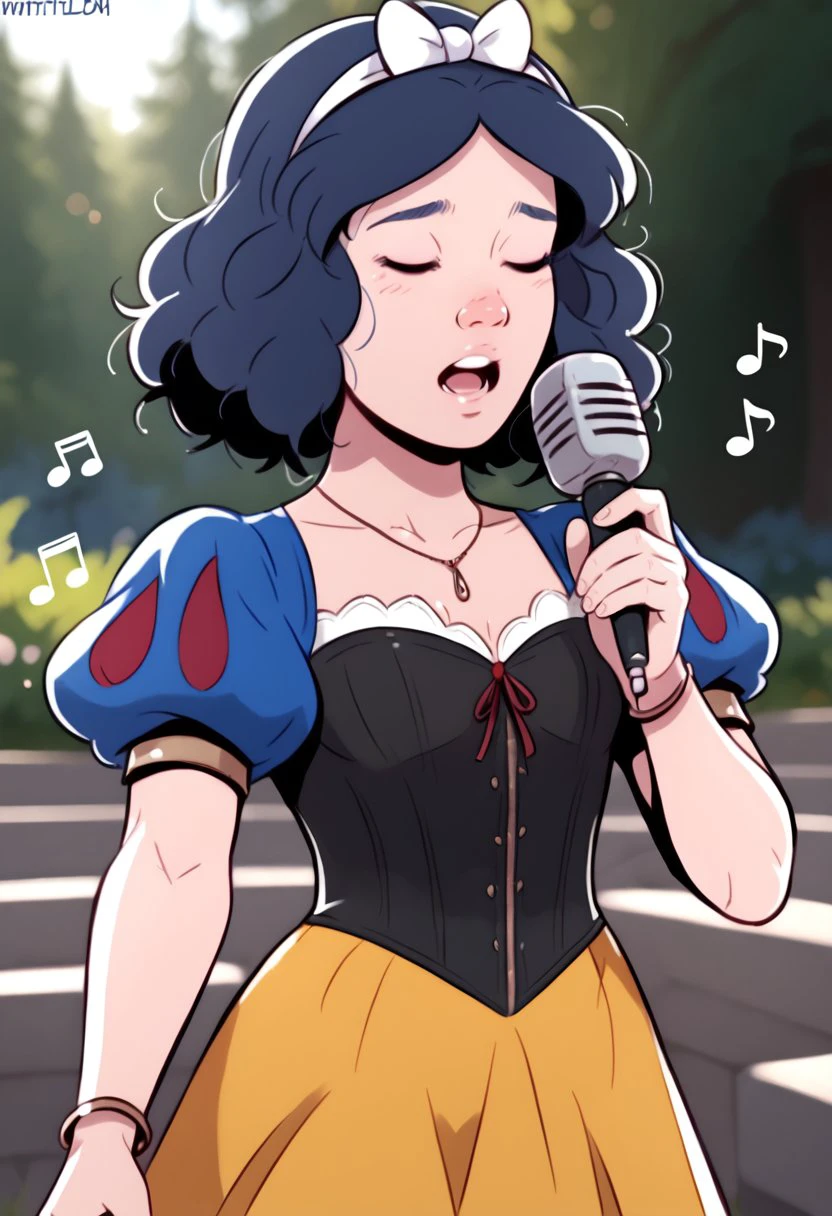 score_9, score_8_up, score_7_up, score_6_up, davecheung-dh BREAK, singing, closed eyes, singing sound, SnowWhiteXLP, puffy sleeves, dress, yellow skirt, corset <lora:Artist_Style_-_Dave_Cheung:0.7> <lora:SnowWhiteXLP_character:0.7>
