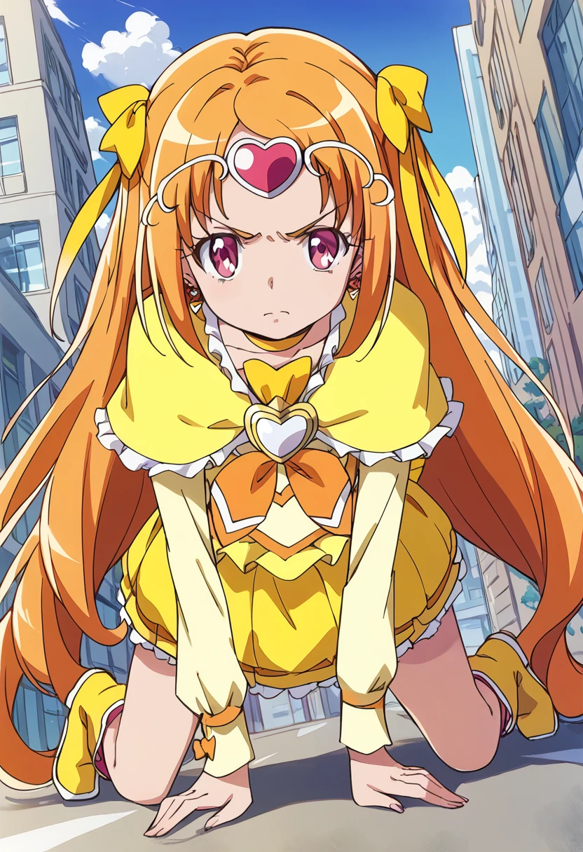 score_9, score_8_up, score_7_up, source_anime BREAK
cure muse \(yellow\), 1girl, solo, yellow bow, all fours, magical girl, orange hair, circlet, jewelry, frills, earrings, looking at viewer, pink eyes, hair ribbon, yellow skirt, yellow choker, eyelashes, hair bow, bubble skirt, very long hair, building, full body, knee boots, kneeling, serious, purple eyes, brooch, frown, closed mouth, twintails, long sleeves, outdoors, yellow dress, yellow footwear, red eyes, brown hair, crawling, blonde hair, city, shirt, wrist cuffs, heart hair ornament, orange bow, heart earrings, bowtie, street, arm support, expressionless, yellow ribbon, high heels, bangs, shadow, orange neckwear, dutch angle, angry, sky, v-shaped eyebrows, cloud, capelet
<lora:cure_muse_shirabe_ako_sdxl_locon_pony_v1:0.7>