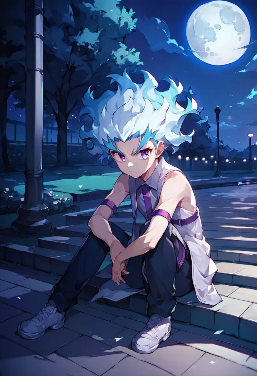 score_9_up, score_8_up, score_7_up, anime style, anime style, (middle shot),  flame-shaped hair, fire-shaped hair, pale-skinned, light-blue and white hair, violet eyes, ringed eyes, sitting, park background, night, moon, moonlight on the body,