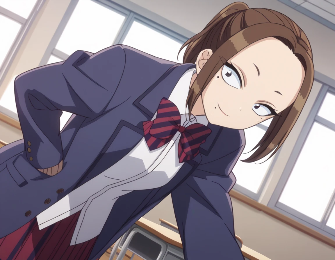 score_9, score_8_up, score_7_up, source_anime,
neneonemine, <lora:nene-onemine-s1s2-ponyxl-lora-nochekaiser:1>,
nene onemine, brown hair, ponytail, mole, mole under eye, mole under mouth, short hair,
skirt, shirt, long sleeves, bow, school uniform, jacket, white shirt, pantyhose, pleated skirt, striped, collared shirt, bowtie, red skirt, blazer, blue jacket, striped bow, striped bowtie,
indoors, classroom, bent over, smile,
looking at viewer, cowboy shot, dutch angle, solo,