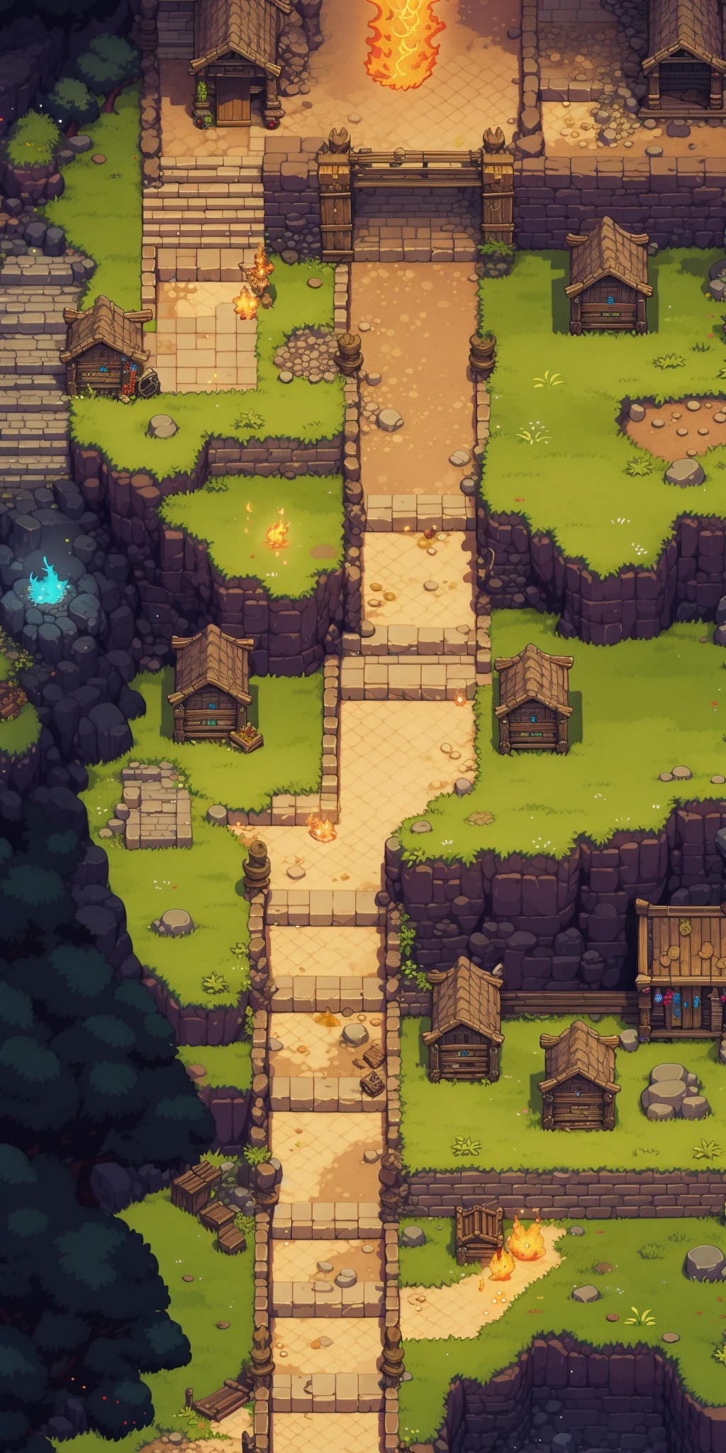 <lora:ç«çæ¸¸æåç´ åºæ¯-000009:0.75>,HEZI, game scene, pixel style, vertical game interface, European and American game style, grass, torch, rock, fire, stairs, door, weapon, gameplay mechanics, horned helmet