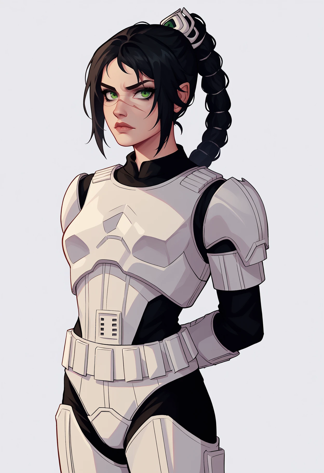 score_9, score_8_up, 1girl, solo, shadowheart, black hair, braided ponytail, green eyes, scar on face, stormtrooper,
looking at viewer, armor, pants,
arms behind back, standing, looking at viewer, white background <lora:ShadowHeartXL:0.8>  <lora:StormtrooperXL:1>