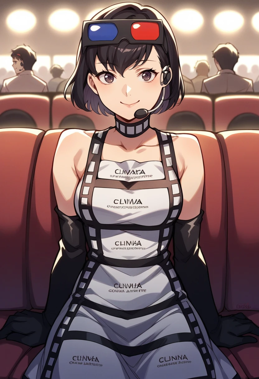 score_9, score_8_up, score_7_up, source_anime BREAK 1girl, solo,
<lora:zs_MotokoXL:1> motokop2, black hair, short hair, eyewear on head, headset,  choker, dress, black elbow gloves
cowboy shot, smile, closed mouth, cinema, sitting