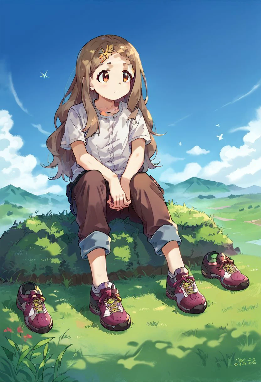 score_9, score_8_up, score_7_up, source_anime, 
aobakokona, short sleeves, sky, sitting, bow, white shirt, 
blue sky, closed mouth, grass, shoes, pants