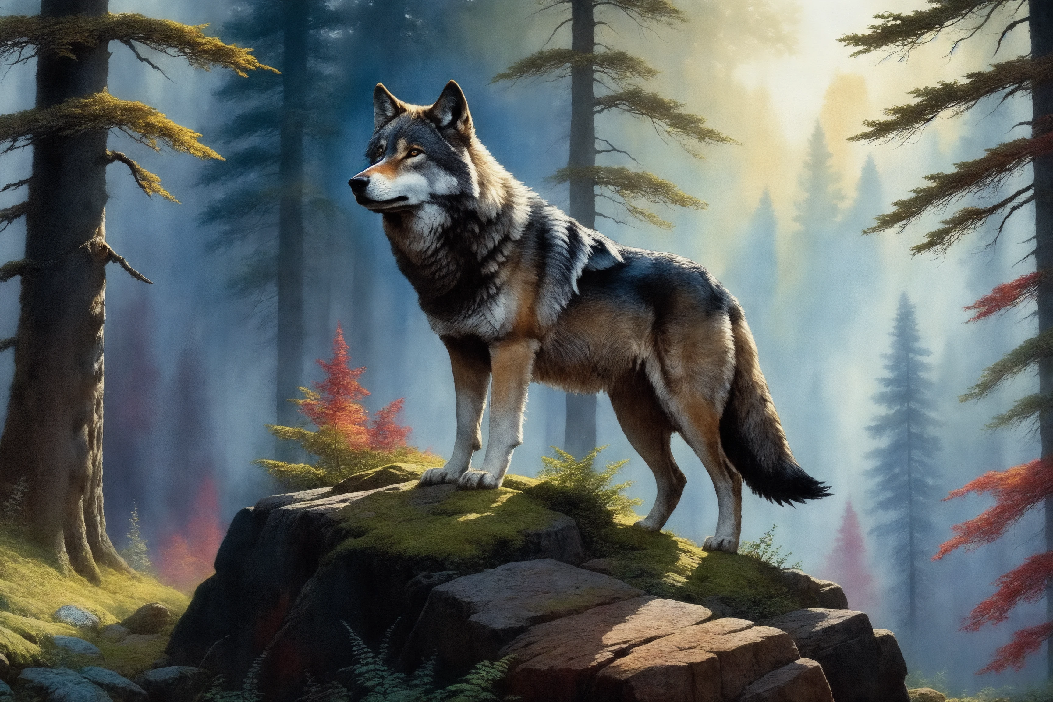 watercolor, dark, a beautiful and detailed Wolf standing on an outcrop in a lush and detailed forest, highly detailed fur, extreme detail, 8k, Joushua Middleton, Alexandre Calame, Albert Bierstadt, <lora:watercolor_sdxl-000008:0.7>, high contrast, rich colors