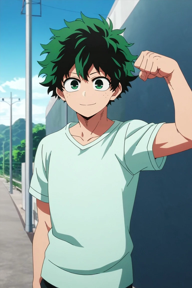 score_9, score_8_up, score_7_up, source_anime, rating_safe, anime screencap, 1boy, male focus, <lora:izuku_midoriya_pony:0.59>, izuku_midoriya, green hair, green eyes, short hair, solo, wide angle, wide shot, cowboy shot, highway, light, flexing, seductive smile, <lora:oshi_no_ko_style_pony:0.96>, oshi_no_ko_style, <lora:sdxl_lightning_8step_lora:1>