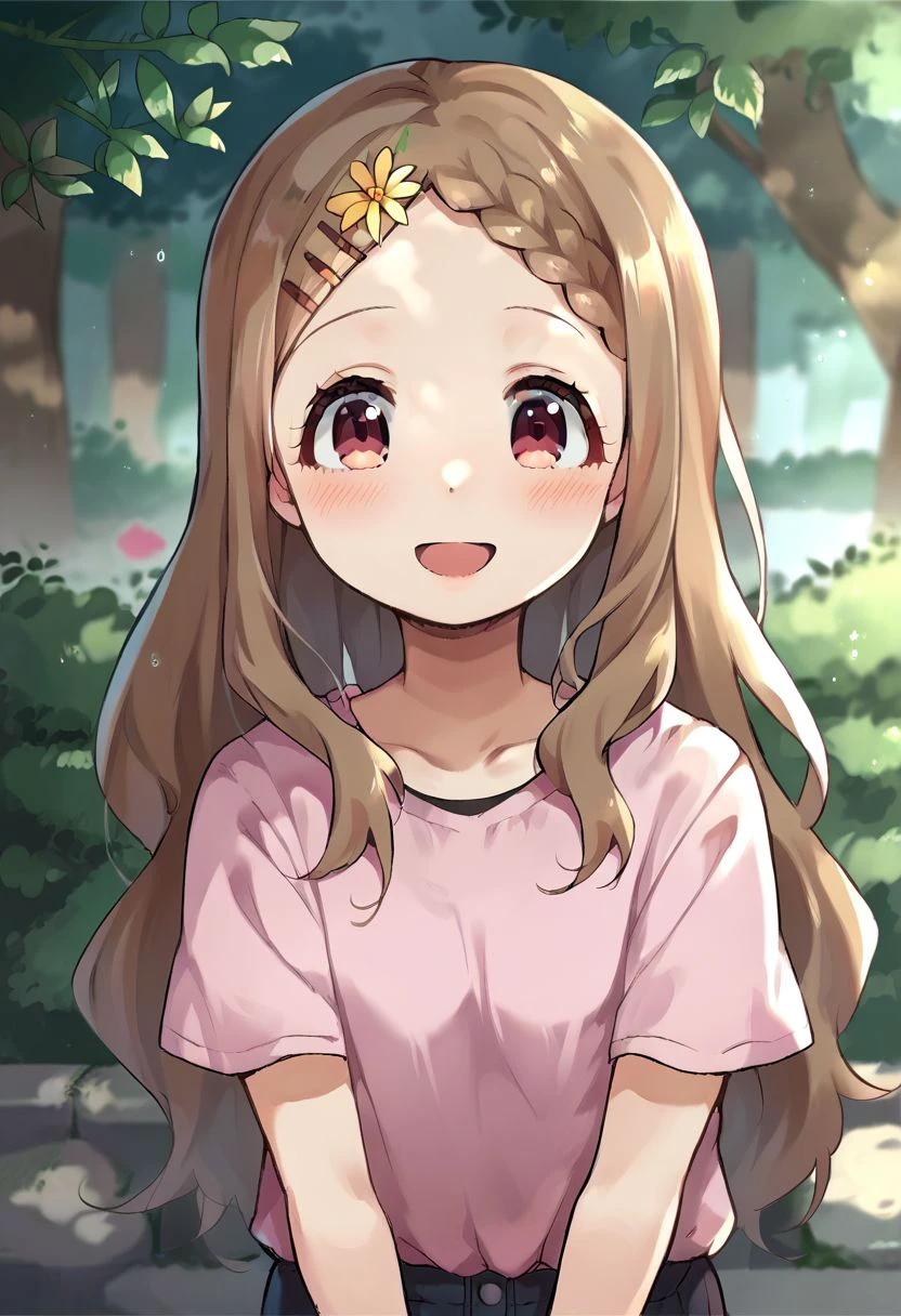 score_9, score_8_up, score_7_up, source_anime, 
aobakokona, 1girl, solo, blush, hairclip, smile, looking at viewer, open mouth, flower, shirt, hair flower