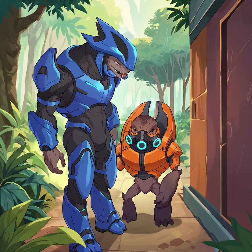 score_9, score_8_up, score_7_up, score_6_up, score_5_up, score_4_up, anime screencap, tropical forest, purple forest, 2boys,
BREAK sangheili, 1boy, blue armor, helmet, tall, lean, height difference,  <lora:sangheili_pdxl_:1>