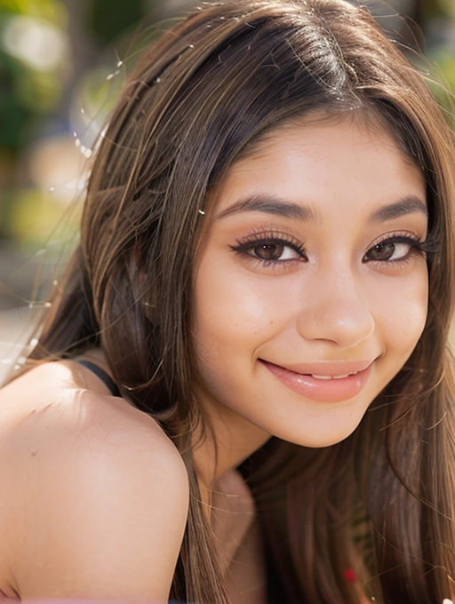 xxlayna_marie,young woman looking into camera ,1girl,solo,long hair,looking at viewer,brown hair,brown eyes,smile,realistic,depth of field <lora:xxlayna_mariev1:1>