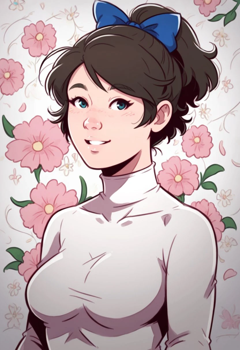 score_9, score_8_up, score_7_up, score_6_up, davecheung-dh BREAK <lora:Artist_Style_-_Dave_Cheung:0.5>
portrait, 1girl, beautiful woman, short hair, ponytail, breasts, turtleneck, bow, gentle smile, floral background