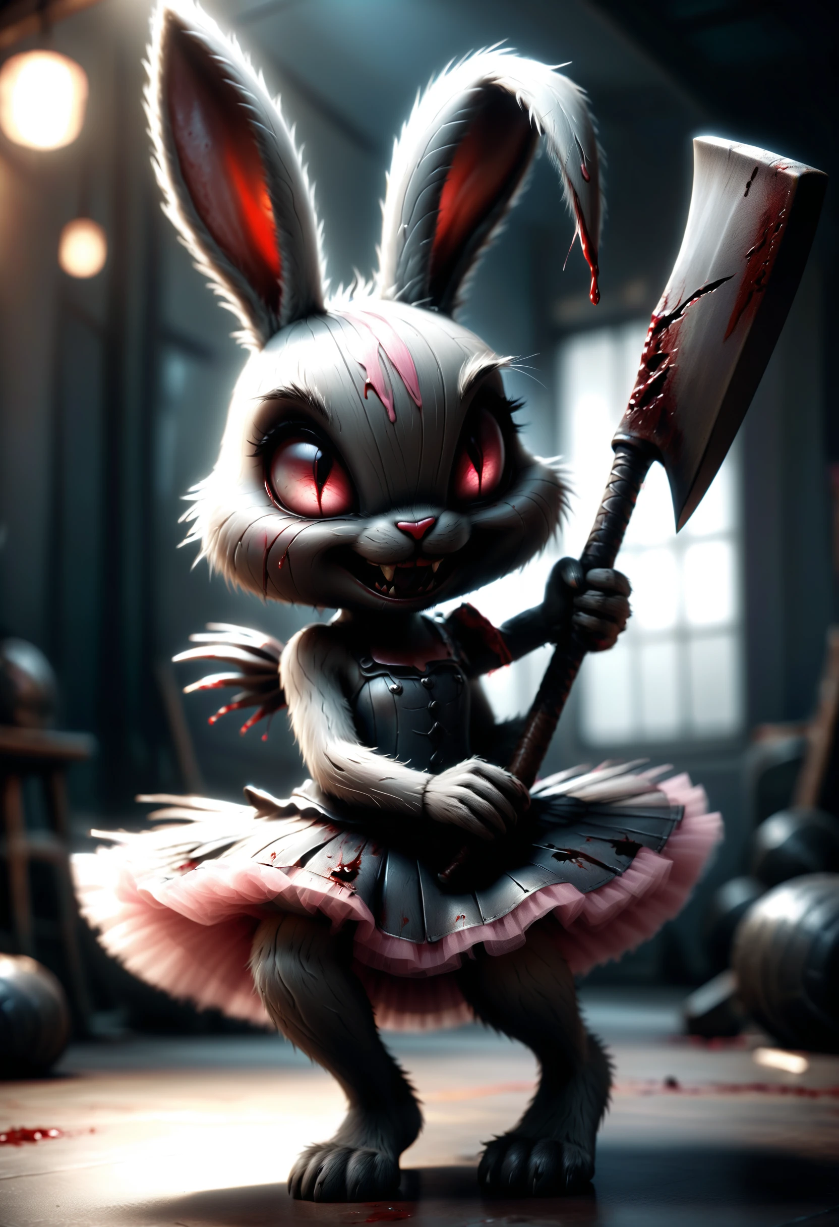 hyper realistic, dark atmosphere, surreal mood, evil derpy bunny wearing a pink tutu plotting to take over the world, evil smile, red eyes, fingernails dripping with blood, holding an axe, trending on artstation, high quality, 4k
<lora:dvr-rbbr:0.8> dvr-rbbr