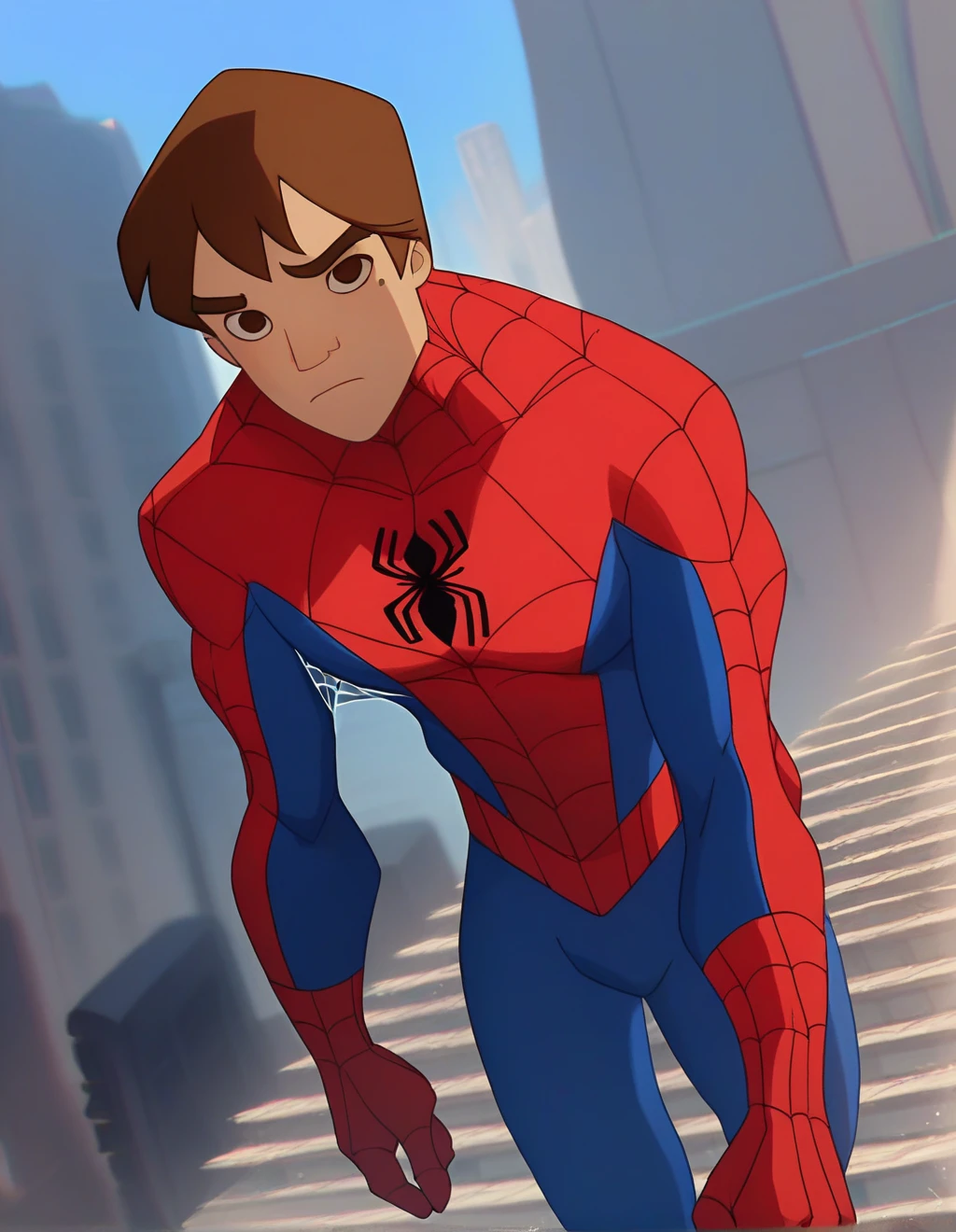 <lora:Peter_Parker:1> score_9, score_8_up, score_7_up, spiderman, solo, looking at viewer, short hair, brown hair, 1boy, brown eyes, closed mouth, male focus, mole, mole under eye, bodysuit, thick eyebrows, building, superhero, red bodysuit, spider web print, pectorals,