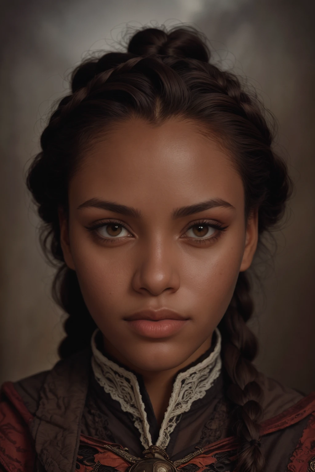 Realistic portrait of a african american woman with braided auburn hair, wearing a brown assassin robe, assassin's creed. She stands against a backdrop of soft, evening moonlight, casting a gentle warmth on her features.  <lora:[VG]_-_Aveline_de_Grandpre:1>