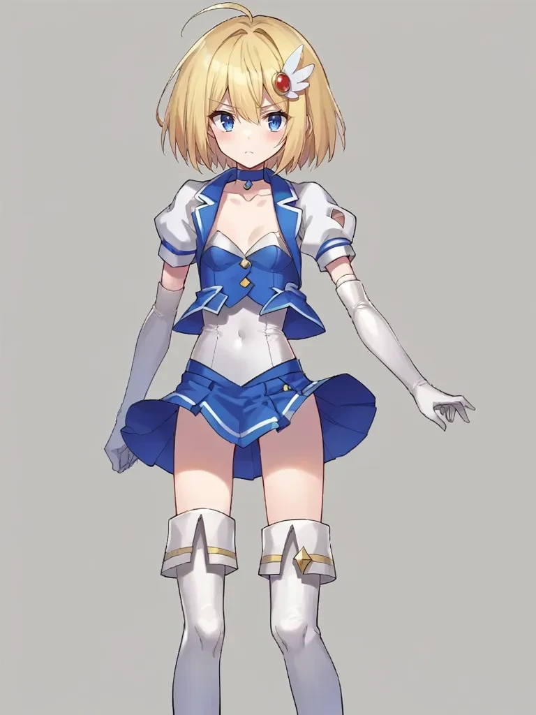 score_9, score_8_up, score_7_up, source_anime, <lora:mahoushoujoprismshirleypony:1>,
1girl, solo, saoriprismshirley, small breasts, blonde hair, short hair, hair ornament, blue eyes, magical girl, choker, vest, white shirt, white short sleeves, elbow gloves, collarbone, blue skirt, white thigh boots, standing, serious