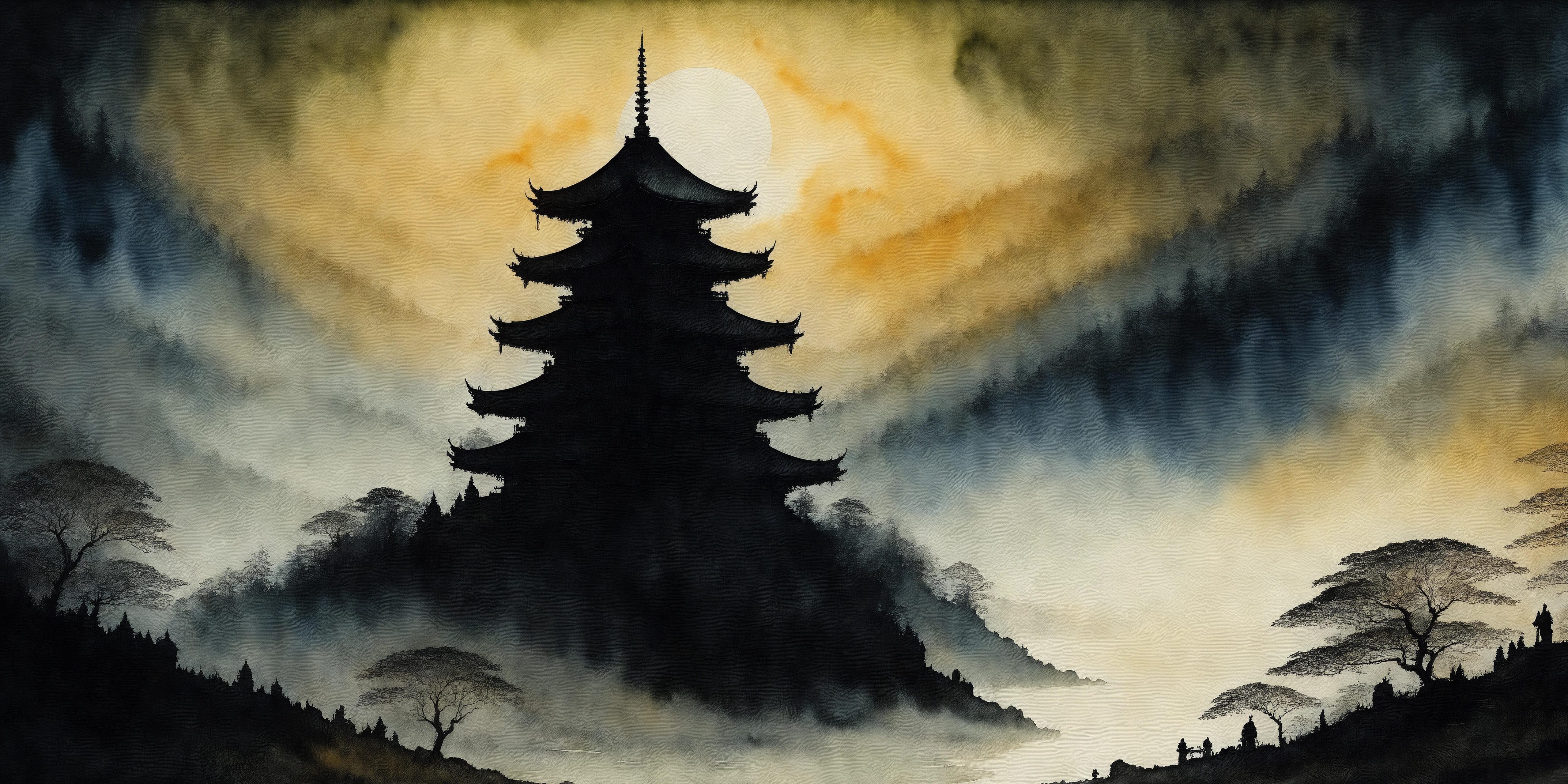 (Watercolor on textured paper:1.3), dark, a beautiful, serene (1temple silhouette:1.1) illuminated by a glowing, ethereal starry night sky. The temple is surrounded by misty, lush landscapes, mystical and zen-like atmosphere. The temple's silhouette stands out against the glowing sky, adding a sense of depth and tranquility. Rays of moonlight and soft mist create a moody, otherworldly ambiance. Depth of field, extreme detail, 8k, UHD, depth of field, extreme detail, 8k, Edward Gorey, Alberto Breccia, John Atkinson Grimshaw, realistic colors,  (ethereal glow:1.1), (high-contrast:1.1), <lora:watercolor_sdxl:0.7>, inky saturated blacks, (masterful brushstrokes:1.2)