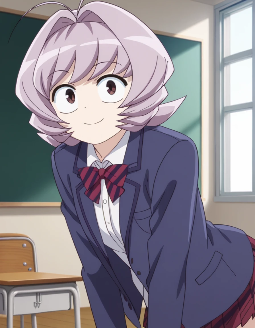 score_9, score_8_up, score_7_up, source_anime,
najimiosana, <lora:najimi-osana-s1s2-ponyxl-lora-nochekaiser:1>,
najimi osana, short hair, brown eyes, purple hair, hair intakes, antenna hair,
skirt, shirt, long sleeves, bow, school uniform, jacket, white shirt, pleated skirt, striped, collared shirt, bowtie, red skirt, blazer, blue jacket, striped bow, striped bowtie,
indoors, classroom, bent over, smile,
looking at viewer, cowboy shot, dutch angle, solo,