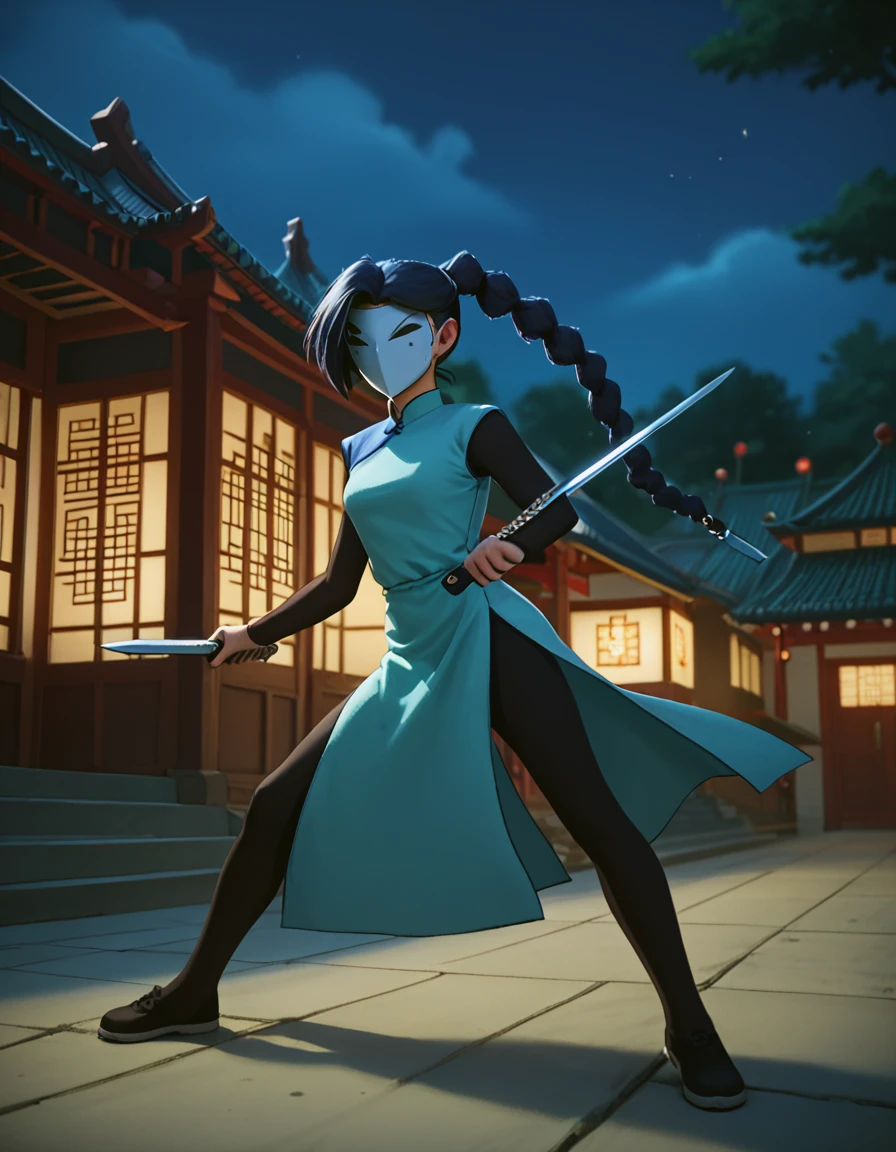 score_9, score_8_up, score_7_up,
rating_safe,
th1rt33n, official_costume, masked,knife tied to single long braid,
fighting stance, holding sword,
night, dramatic lighting,
scenery, east asian architecture,
 <lora:thirteen:1>