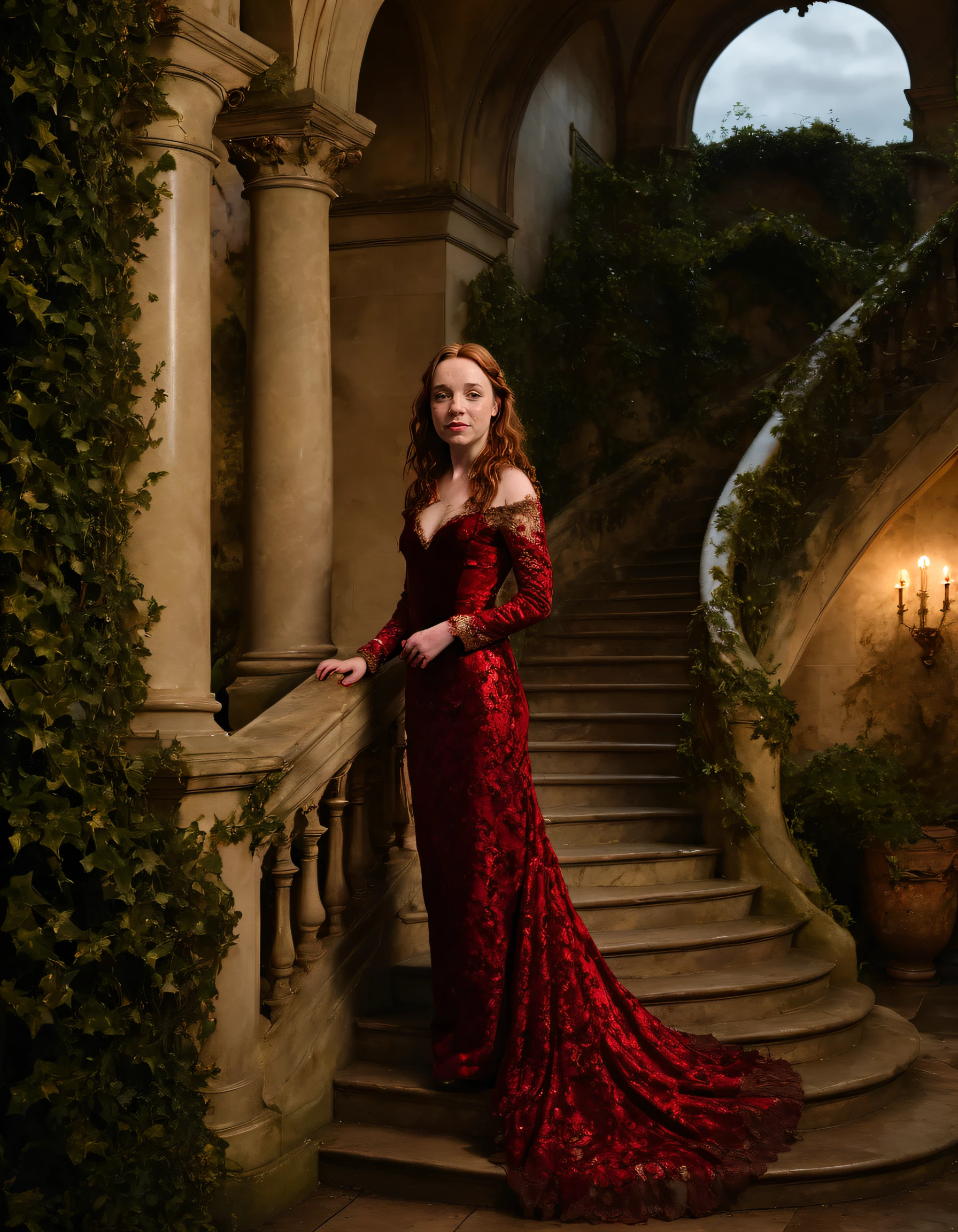 At twilight, Harriet Slater stands regally posed on a grand marble staircase within the ancient ivy-covered walls of her estate, dressed in a crimson velvet gown with intricate gold lace detailing and her raven hair cascading down her back in waves like ebony silk. <lora:wtqwyo18ff2c060f5va:1>