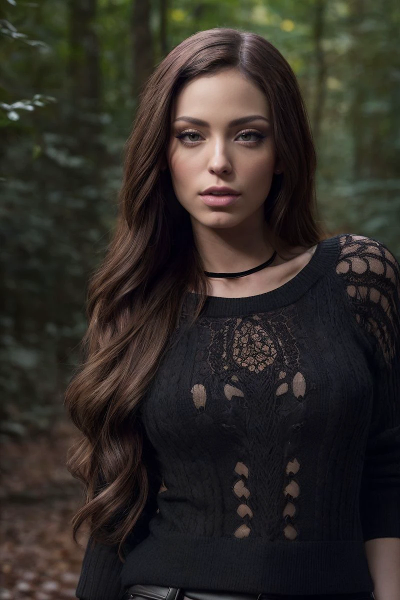 portrait of S436_ClaraMia,a gorgeous woman,in a (forest:1.1),wearing a (sweater),(dark-hair),(4k, RAW photo, best quality, 50mm, depth of field, ultra high res:1.1),(intricate, photorealistic, cinematic-shot, masterpiece, ultra-detailed:1.1),