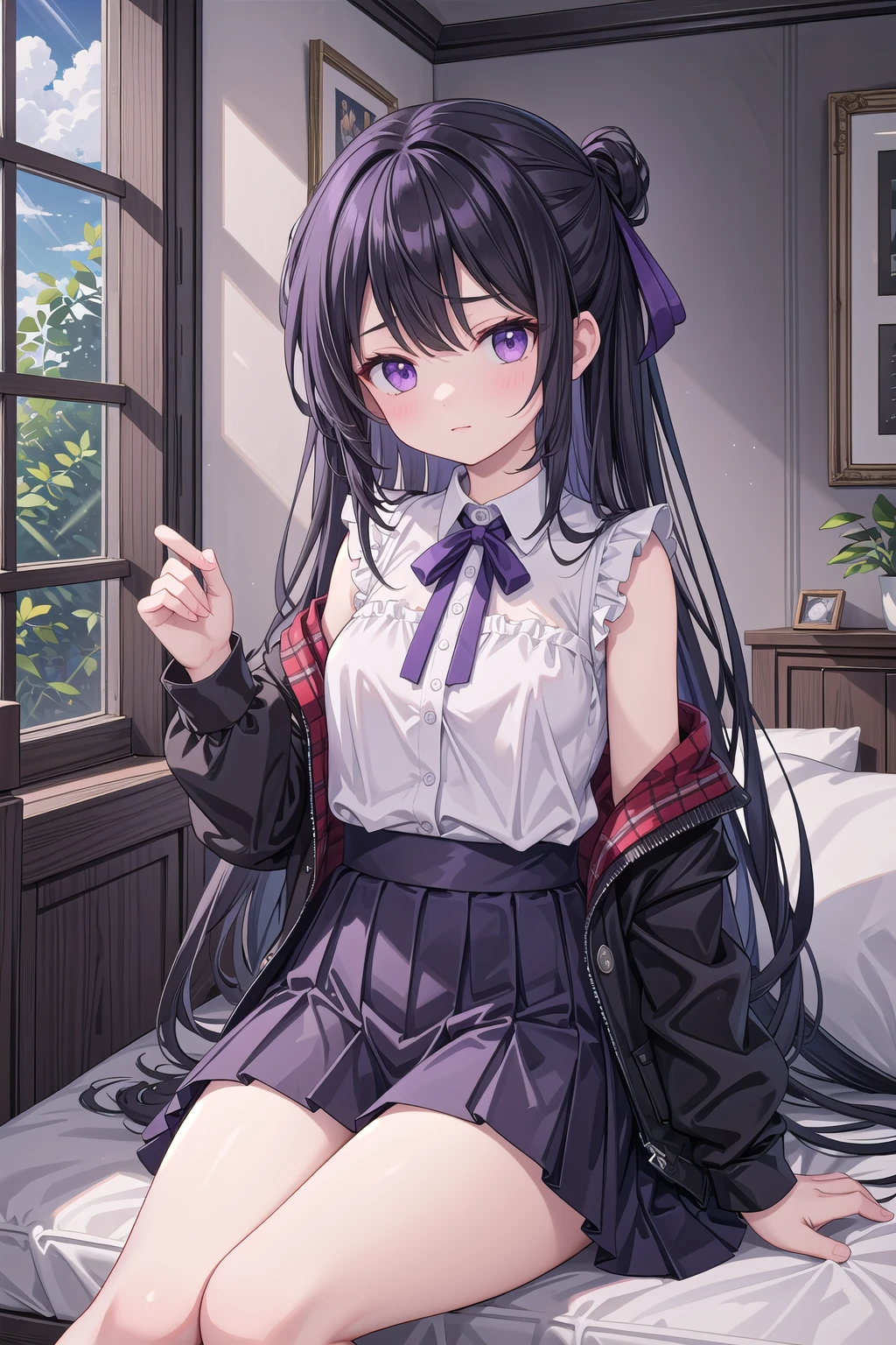 (masterpiece), indoors, 1girl, purple eyes, black hair, medium hair