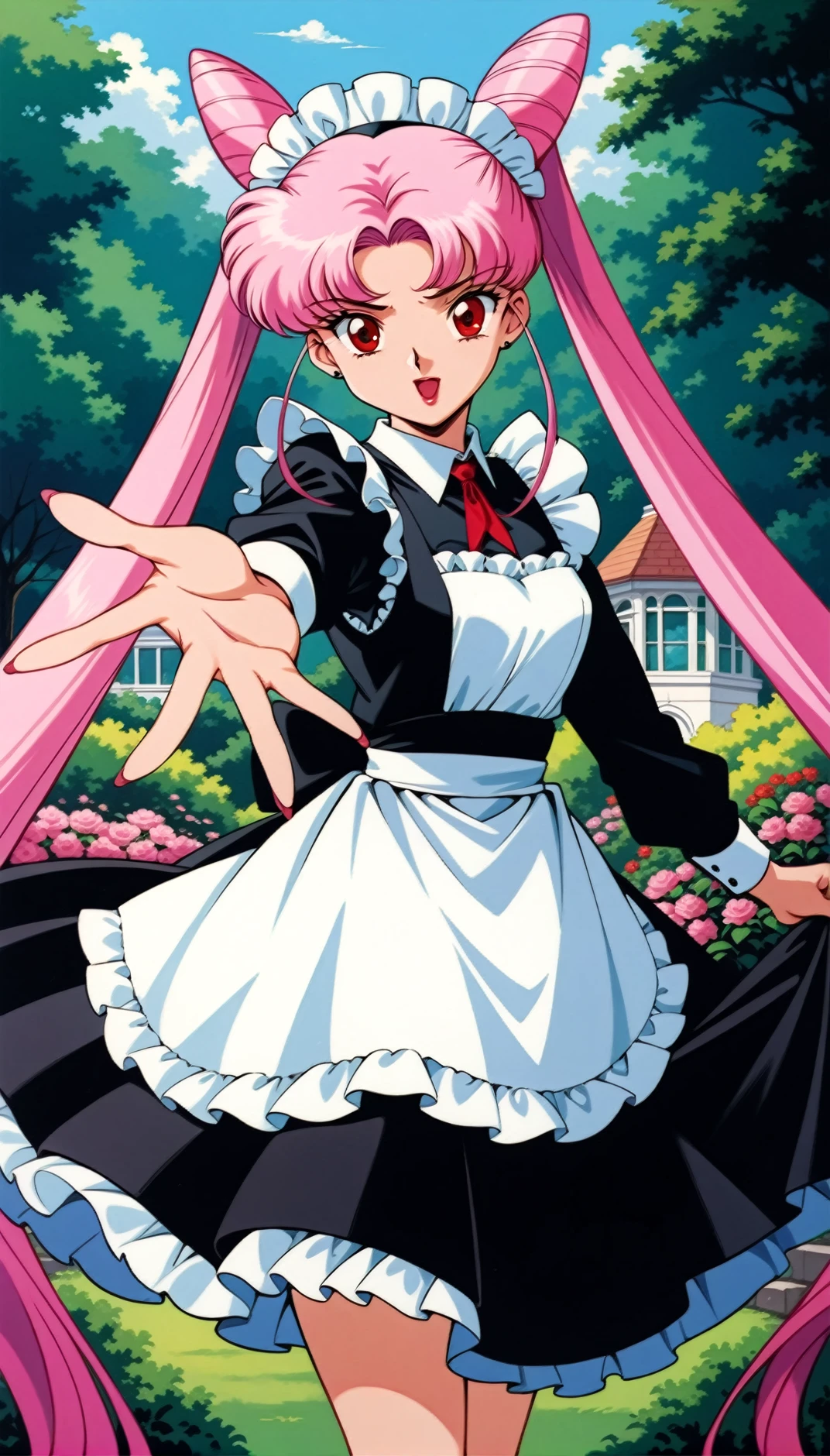 masterpiece,best quality,very aesthetic,ultra detailed,intricate details,<lora:Black Lady1:0.8>,1990s \(style\),Black Lady1,1girl,solo,pink hair,cone hair bun,long hair,hair bun,double bun,red eyes,twintails,very long hair,maid,maid headdress,maid apron,garden,outstretched arm,