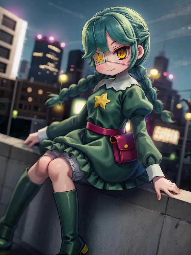 masterpiece, best quality, sgannie, 1girl, yellow eyes, eyepatch, green hair, braid, twin braids, green dress, dress, long sleeves, puffy sleeves, belt, pouch, belt pouch, star, white bloomers, green thighhigh, boots, green boots, zettai ryouiki, sitting, smile, city <lora:annie-v2:1>